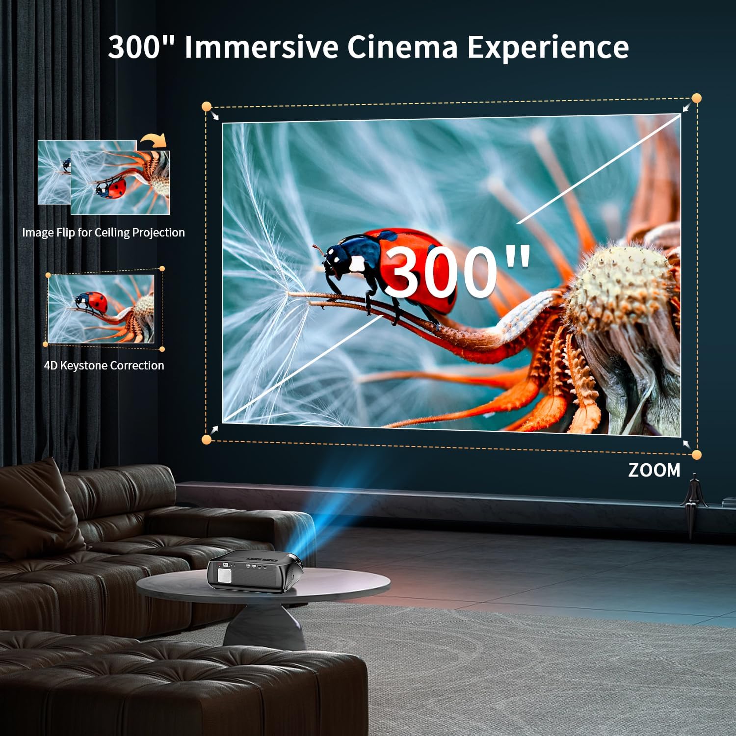 High Brightness Projector 1800 ANSI, HDR10+, 4K Support, WiFi6 & Bluetooth, Smart Android TV with Apps, HDMI/ USB, for Daylight Viewing, Low Input Lag Gaming, Silent Bedroom, Wireless Presentation