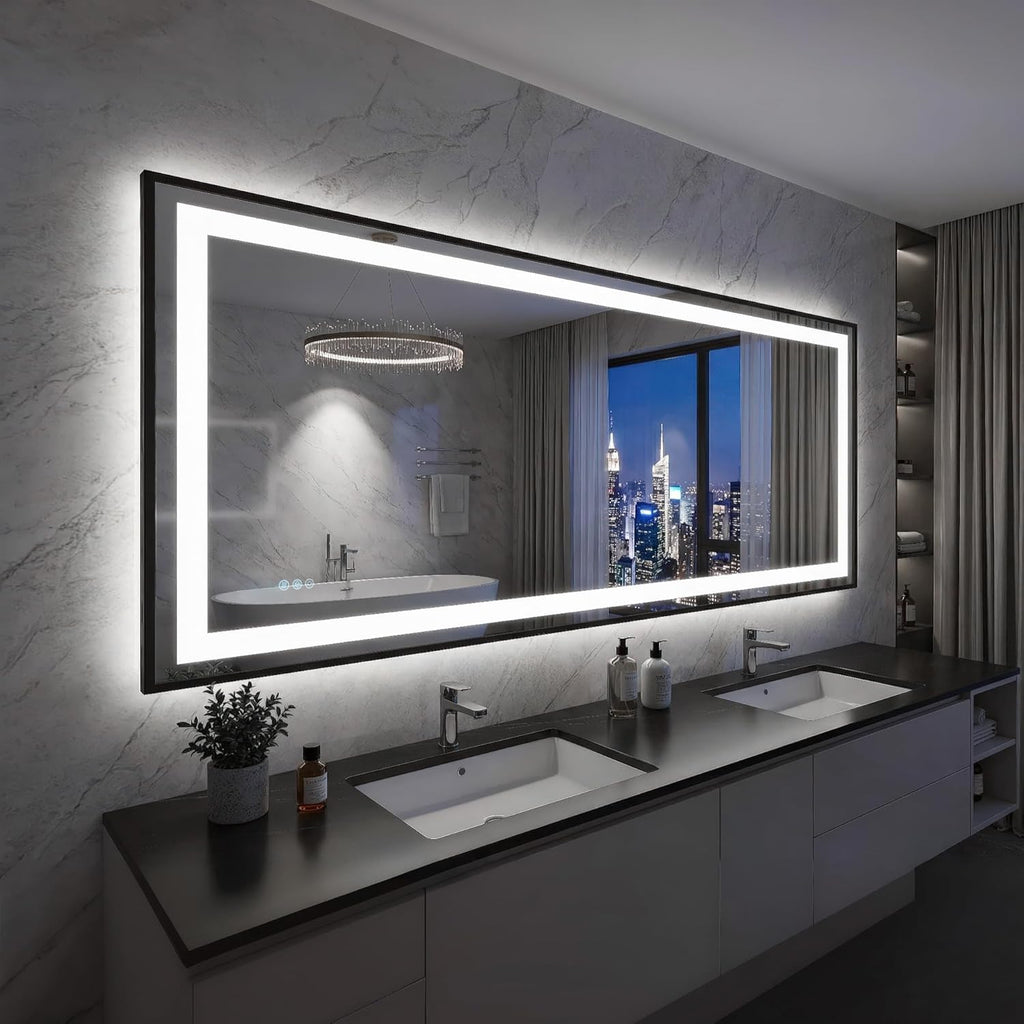 Antok 72X32 LED Bathroom Mirror with Lights, Vanity Mirror for Wall with Black Frame, Touch Control, Anti-Fog, Dimmable Lights, Shatter-Proof, Memory Function, Wall-Mounted Vanity Mirrors