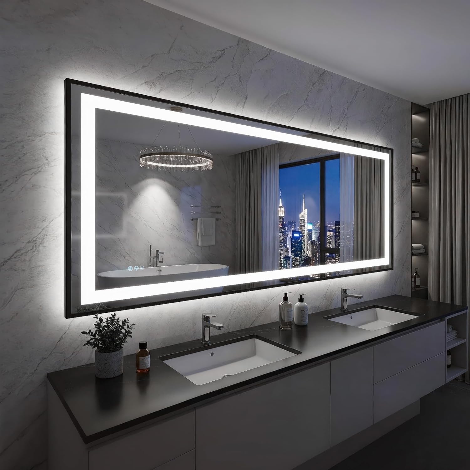 Antok 72X32 LED Bathroom Mirror with Lights, Vanity Mirror for Wall with Black Frame, Touch Control, Anti-Fog, Dimmable Lights, Shatter-Proof, Memory Function, Wall-Mounted Vanity Mirrors