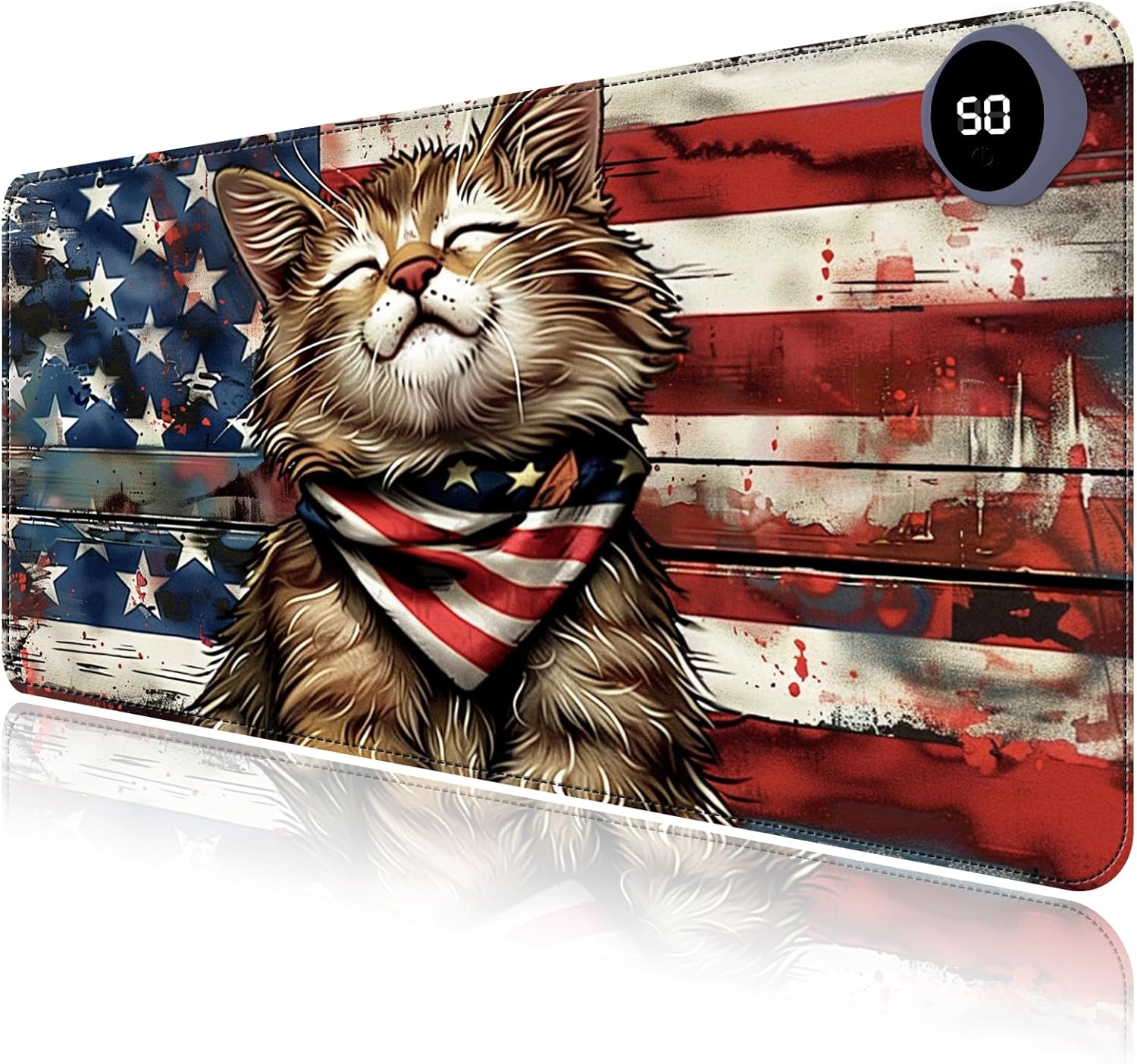 Heated Mouse Pad with 3 Levels Heated & 3 Hours Auto Shut-Off Mouse Pad for Warming Hands in Office Home, 31.5" x 13"Large Safe Desk Mat Hand Warmer，Flag Cute Cat