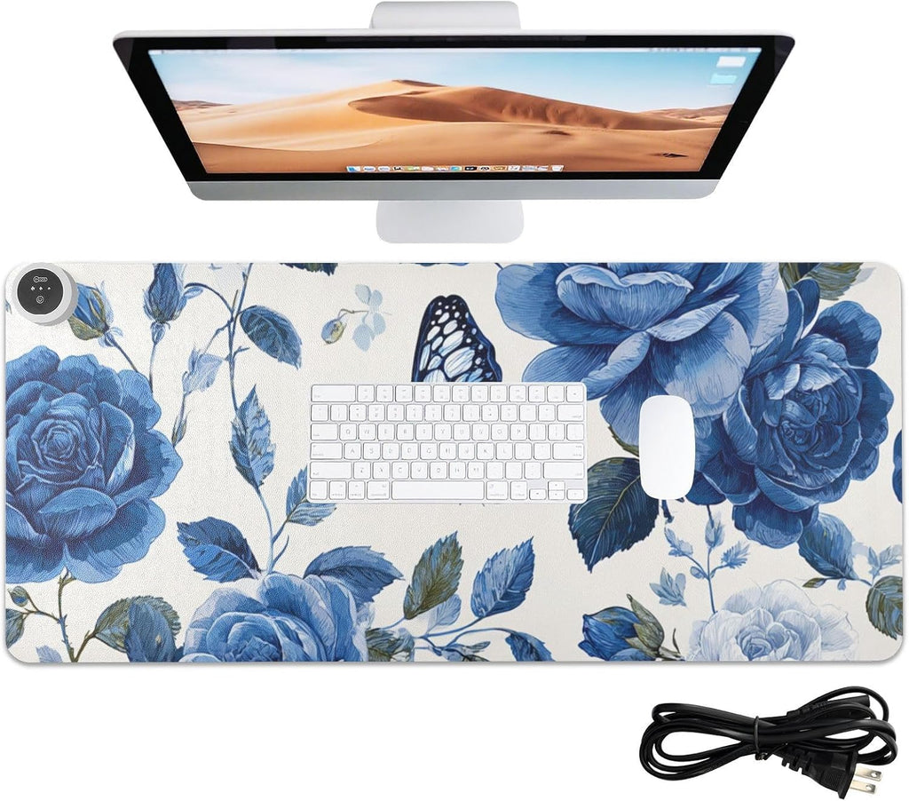 Heated Desk Pad Mouse Pad 31.5x13 Inch PU Leather Desk Mat with 3 Heat Levels Large Mouse Gaming Computer Laptop Mat Blue White Rose Flowers Butterfly