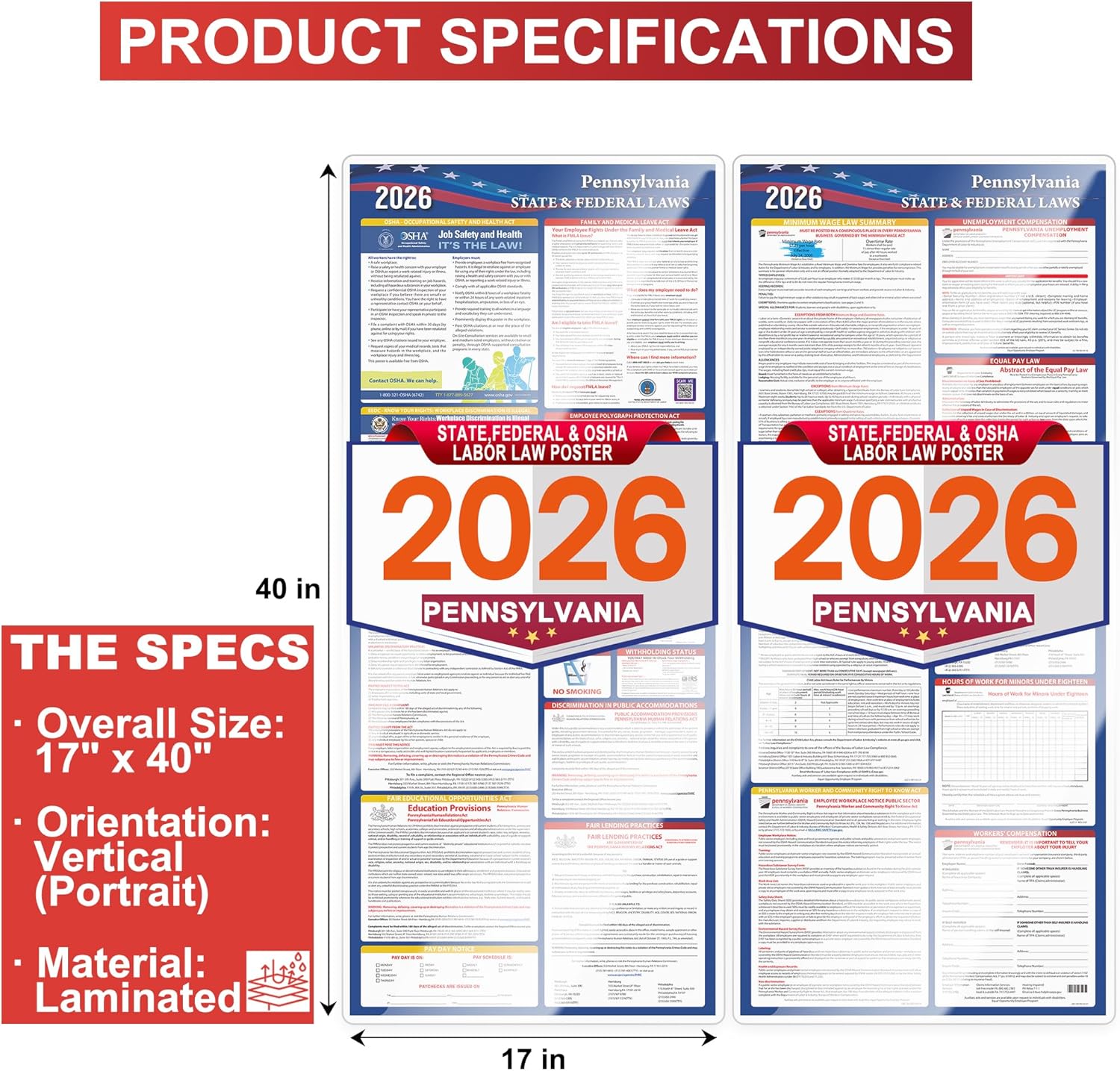 Pennsylvania Labor Law Poster Set 2026,Federal and OSHA Compliant Laminated Post,All in One Required Compliance Posting 17" x 40" English Version 2PCS - Ideal for Posting in The Workplace