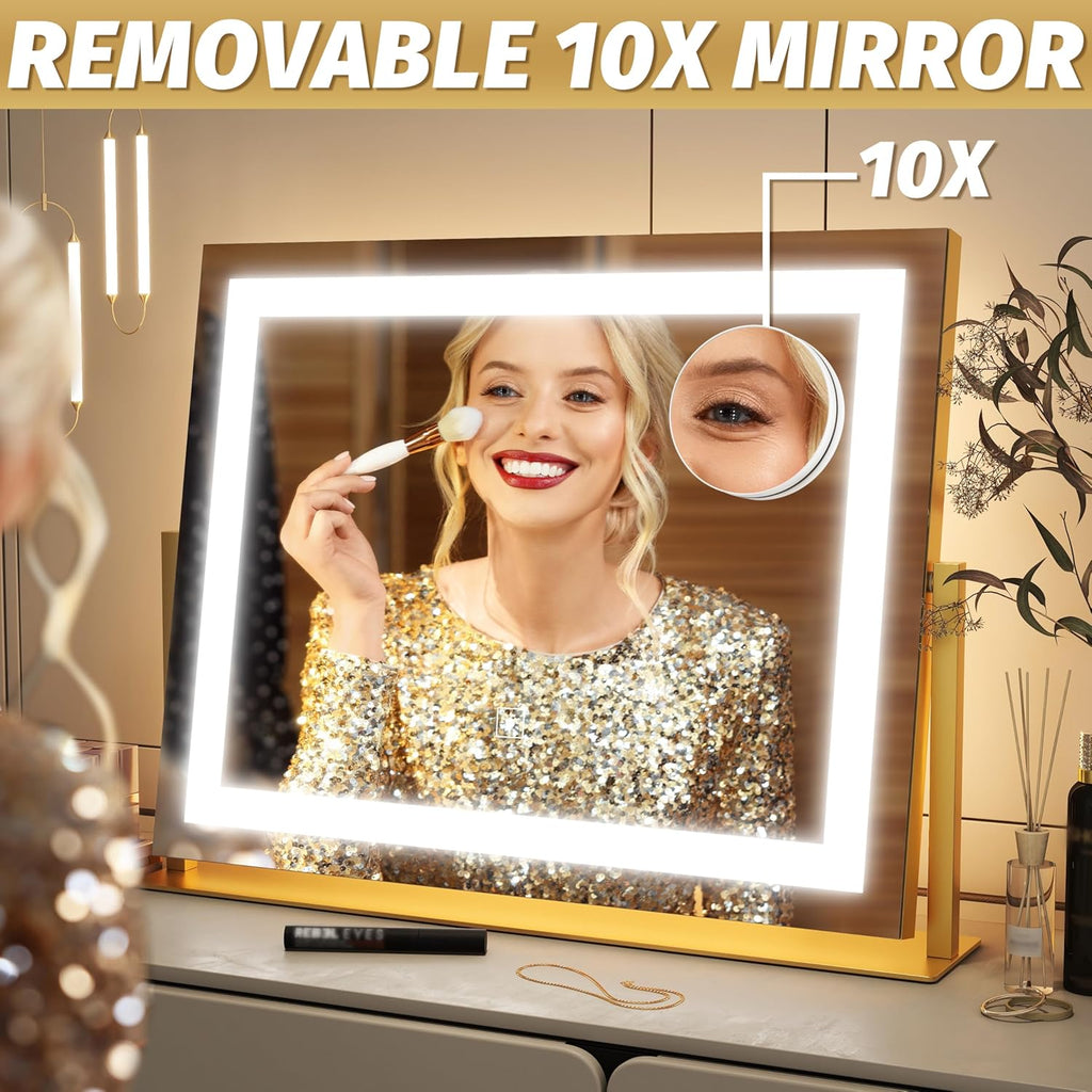 FENNIO Vanity Mirror with Lights 22''x18'' Makeup Mirror with Lights,Lighted Makeup Mirror with 10X Magnification ，Smart Touch Screen with 3-Color Lighting,Dimmable（Square Gold）