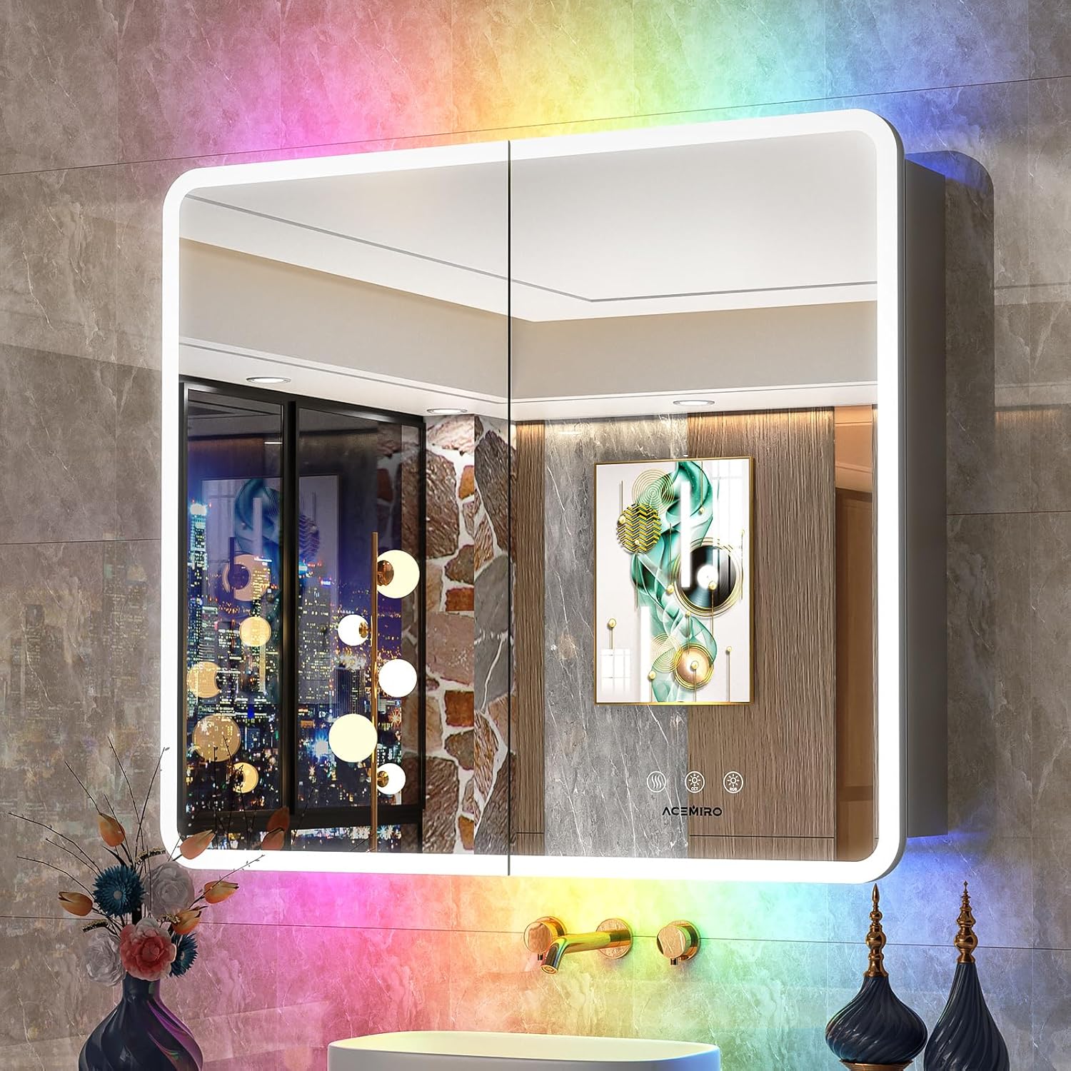 Medicine Cabinet with Lights, 36×32 Inch Bathroom Lighted Medicine Cabinet with Mirror, Defogger, Dimmer, LED Mirror Cabinet with RGB Backlit+3 Color Front Light, Wall Mounted