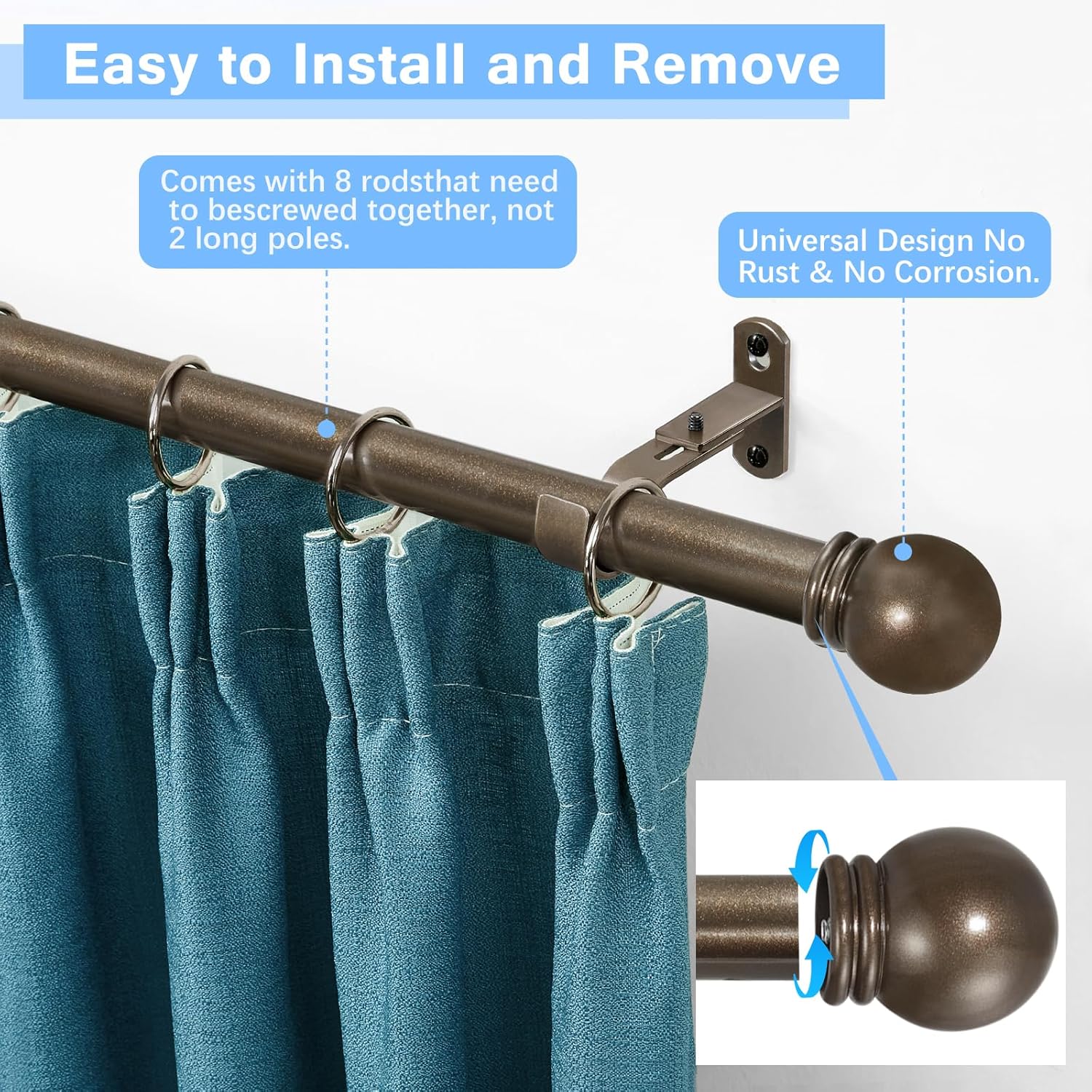 Curtain Rods for Windows 16 to 120 Inches, Curtain Rod Max Adjustable Length of 132 IN, 1" Diameter Drapery Rods Round Finials, Brown, Pack of 1