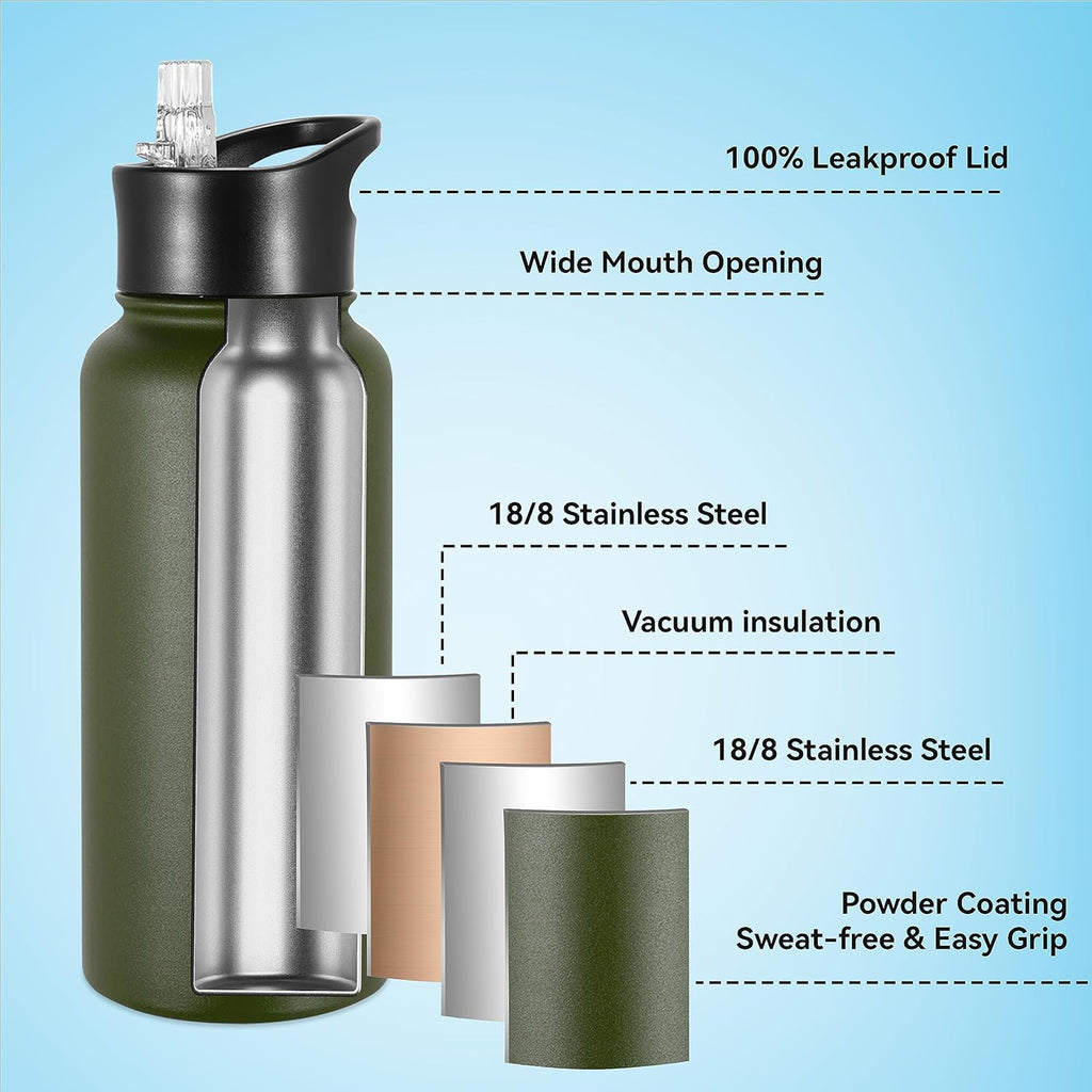 VEGOND 32 oz Insulated Water Bottle Bulk Stainless Steel Metal Water Bottles with Leak Proof Straw Lid & Spout Lid, Wide Mouth Double Walled Vacuum Travel Sports Bottle, 4 Pack
