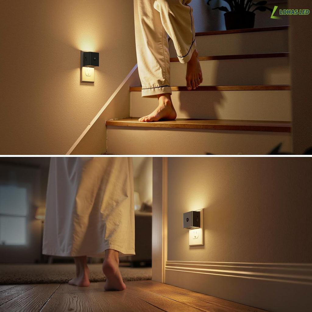 L LOHAS LED Motion Sensor Night Light,[4-Pack] Plug in Night Light with Dusk to Dawn Sensor,Brightness Adjustable,3000K Soft White Nightlight for Bathroom Hallway Kitchen