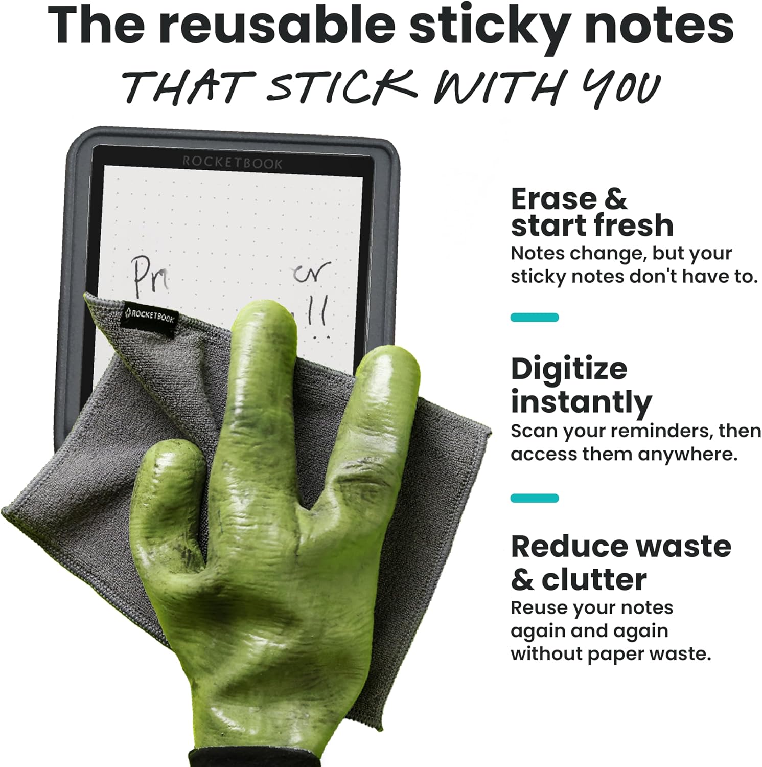 Rocketbook Reusable Sticky Notes Starter Pack, Restick and Reorganize Memo Pads, 3"x3", 15 Black Sticky Notes, Includes Pen, Towel + Carrying Case (Kit of 1)