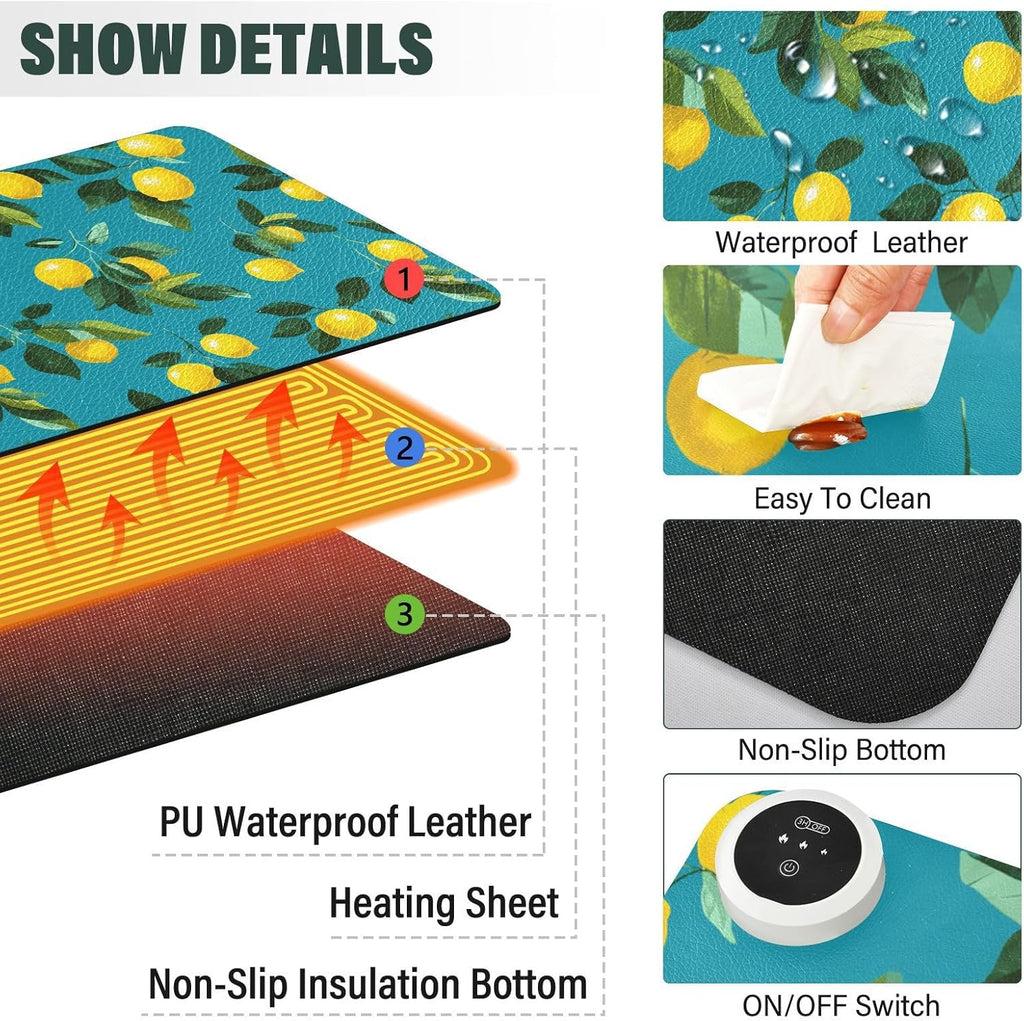 Heated Desk Pad Mouse Pad 31.5x13 Inch PU Leather Desk Mat with 3 Heat Levels Large Mouse Gaming Computer Laptop Mat Teal Lemons