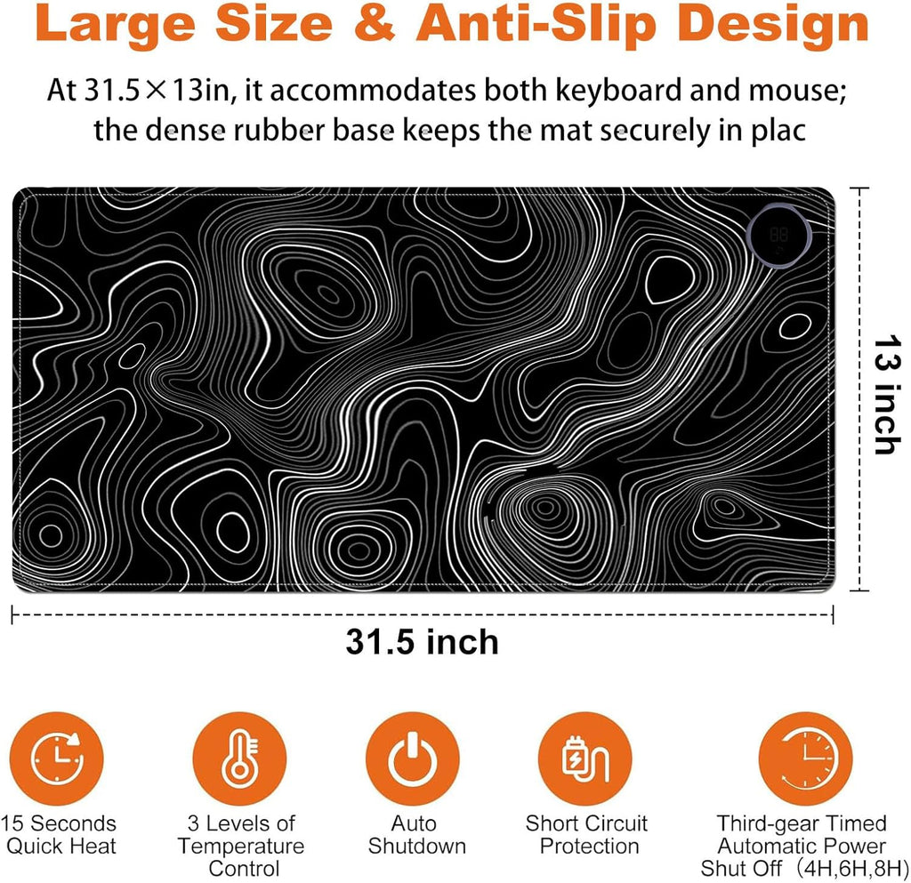 Heated Mouse Pad for Desk 31.5" x 13" – PU Leather Warm Desk Pad with 3 Heat Levels (104°F/113°F/122°F), Plug-in Electric Heating Mat with Auto Shut-Off, Waterproof & Rollable, Topographic Lines