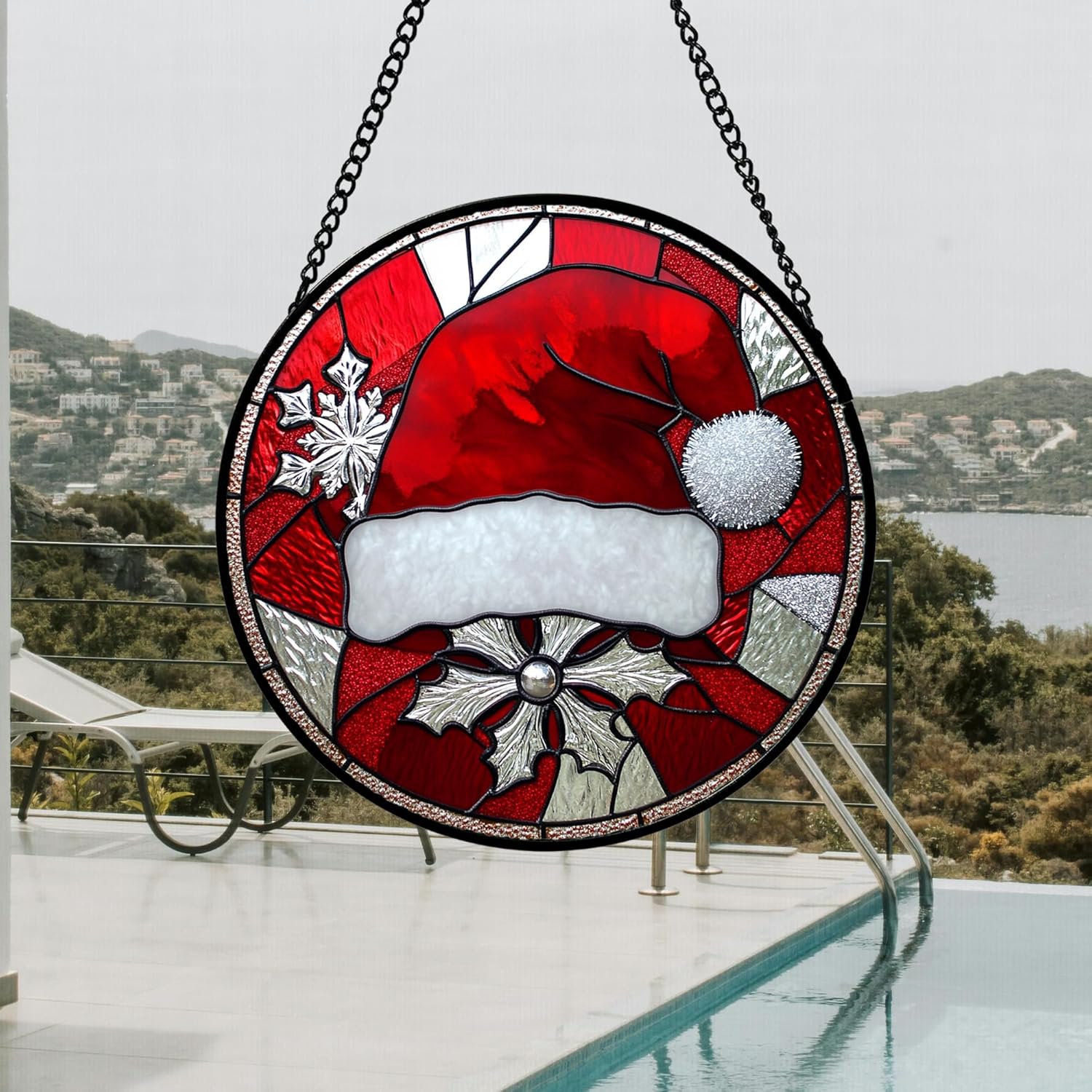 Stained Glass Window Hanging 4 Pcs Set Red Christmas Decorations Theme 6.3" - Suncatcher Door Garden Sun Catcher Decor Birthday for Mom Woman Nana Men Friend Wife