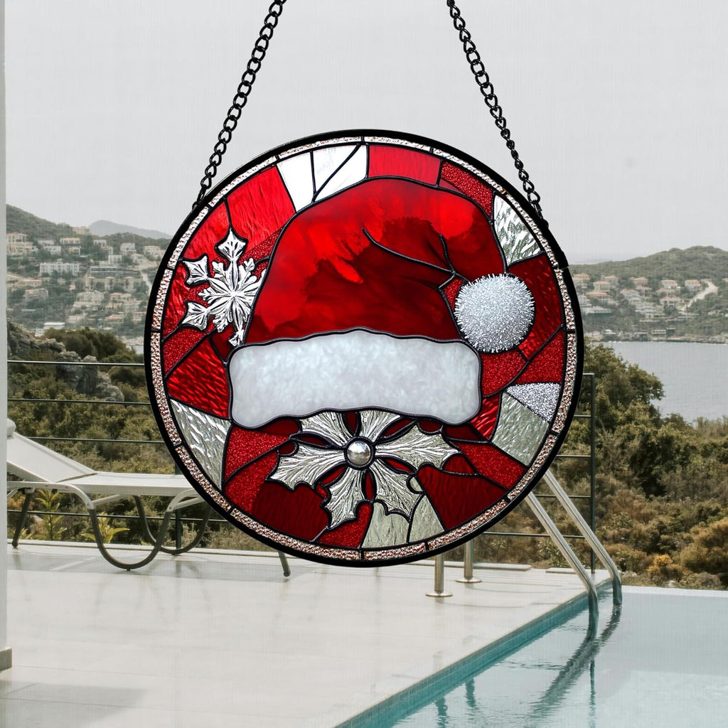 Stained Glass Window Hanging 4 Pcs Set Red Christmas Decorations Theme Large 11.8" - Suncatcher Door Garden Sun Catcher Decor Birthday for Mom Woman Nana Men Friend Wife