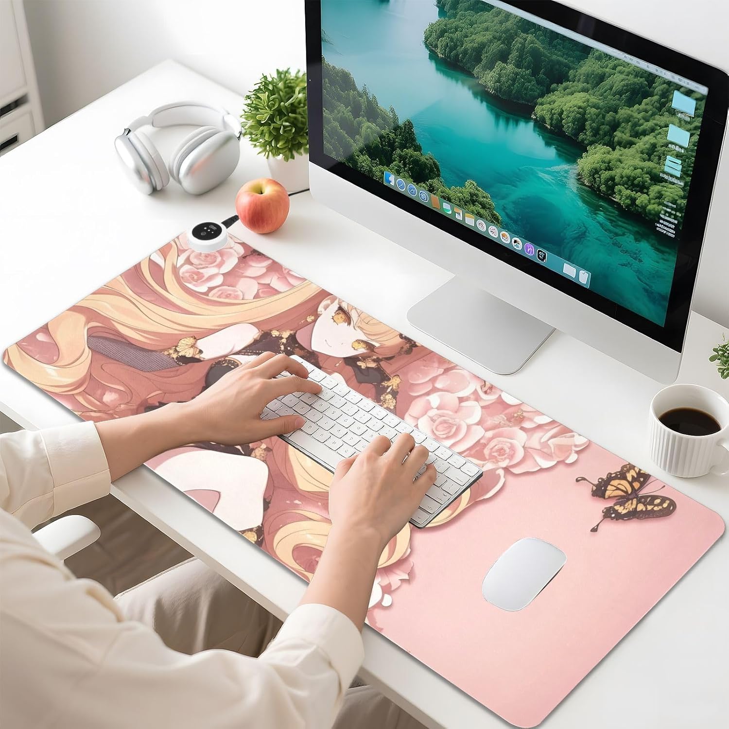 Large Heated Mouse Pad,Leather Desk Mat,31.5"x13",Hand Warmer Pads for Desk,Girl Butterfly(Glod Pink)