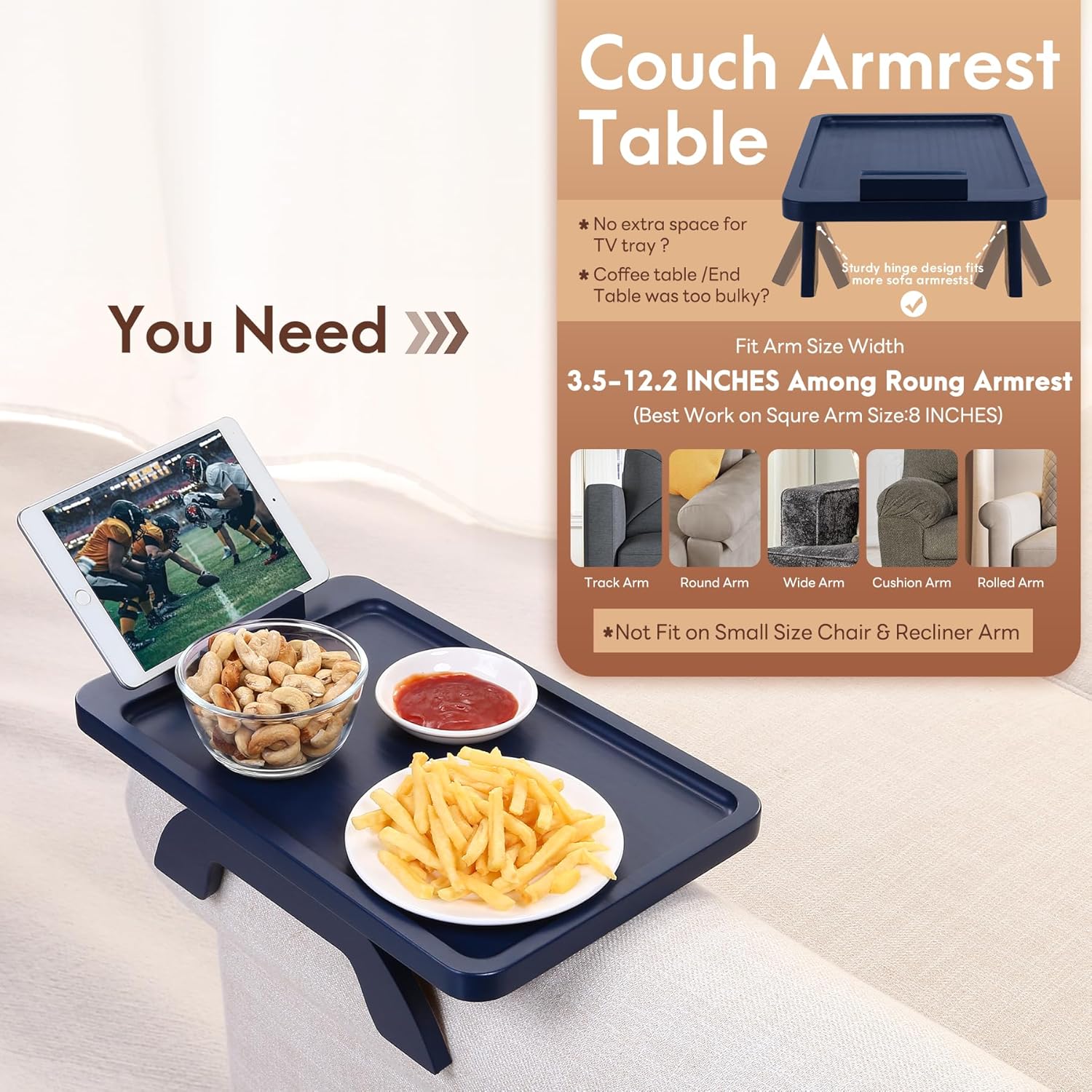 SINWANT Couch Armrest Table, Bamboo Couch Arm Table 360° Phone Holder,Foldable Sofa Arm Tray for Eating Drinking Snacks Remote on Chair Armrest