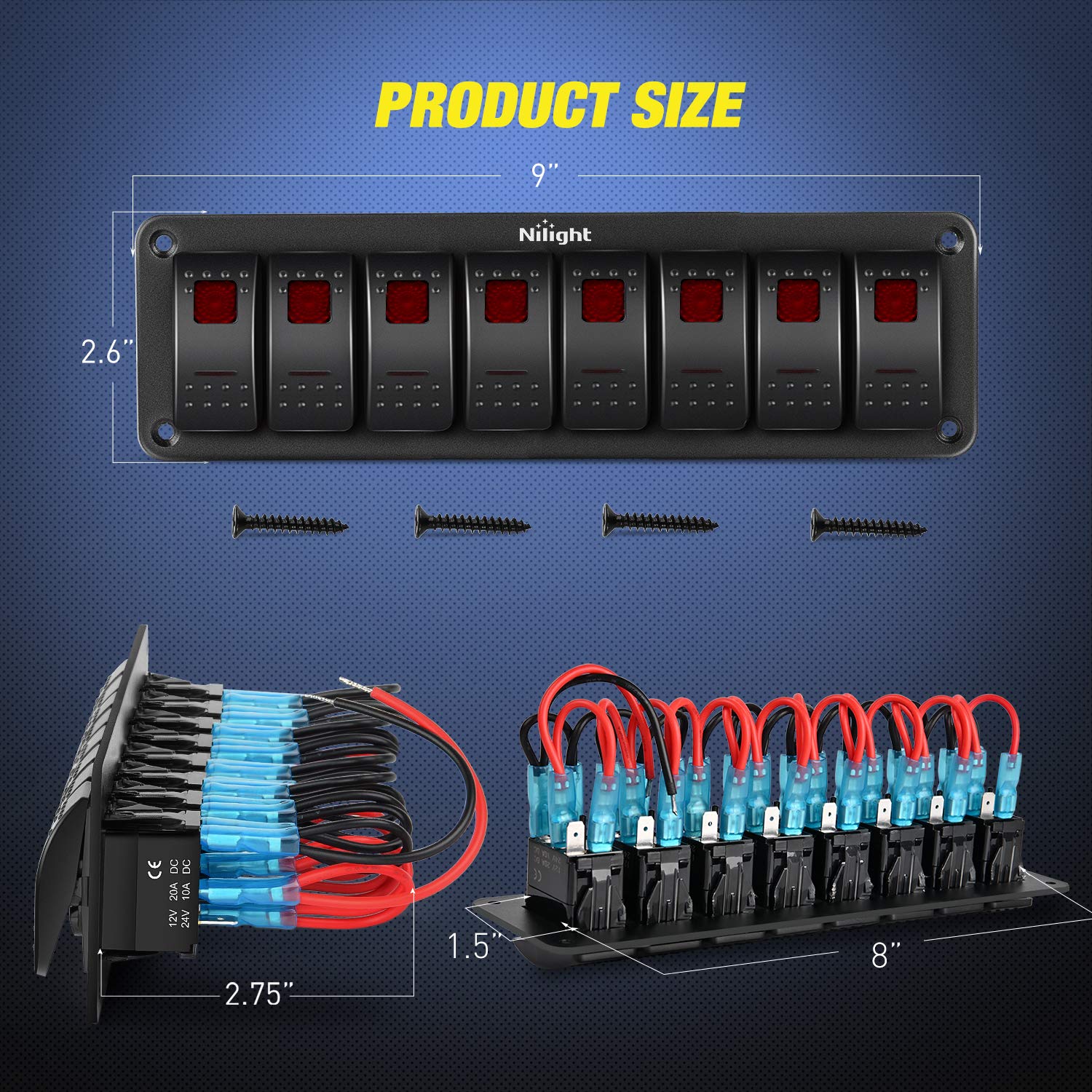 Nilight 8 Gang Rocker Switch Panel 5Pin On Off Toggle Aluminum Holder 12V 24V Dash Pre-Wired Red Backlit Switches for Automotive Cars Marine Boats RVs Truck