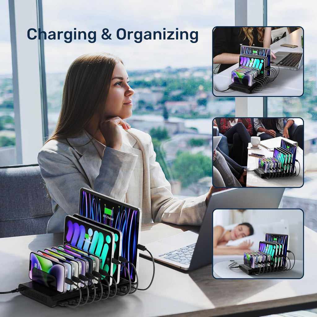 Unitek Multi USB Charging Station - 10 Ports Fast iPad Charging Dock with Type-C & 2 QC 3.0 Port, Charger Station Organizer for Multiple Devices Designed for iPhone, Kindle, Android, Tablets