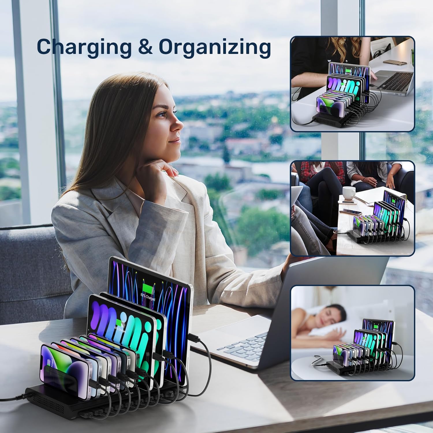 Unitek Multi USB Charging Station - 10 Ports Fast iPad Charging Dock with Type-C & 2 QC 3.0 Port, Charger Station Organizer for Multiple Devices Designed for iPhone, Kindle, Android, Tablets
