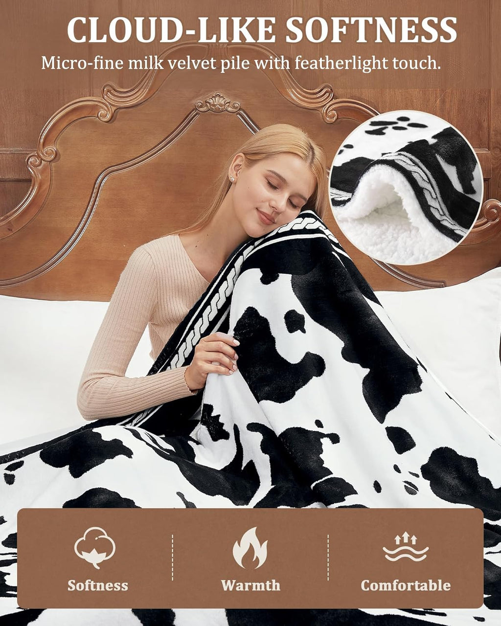 CAROMIO Heated Electric Blanket Full Size, Cow Print Fast Heating Blankets with LCD Controller, 10 Heat Levels & 1-12H Time Settings, ETL Certified, Machine Washable, Black White, 72" x 84"