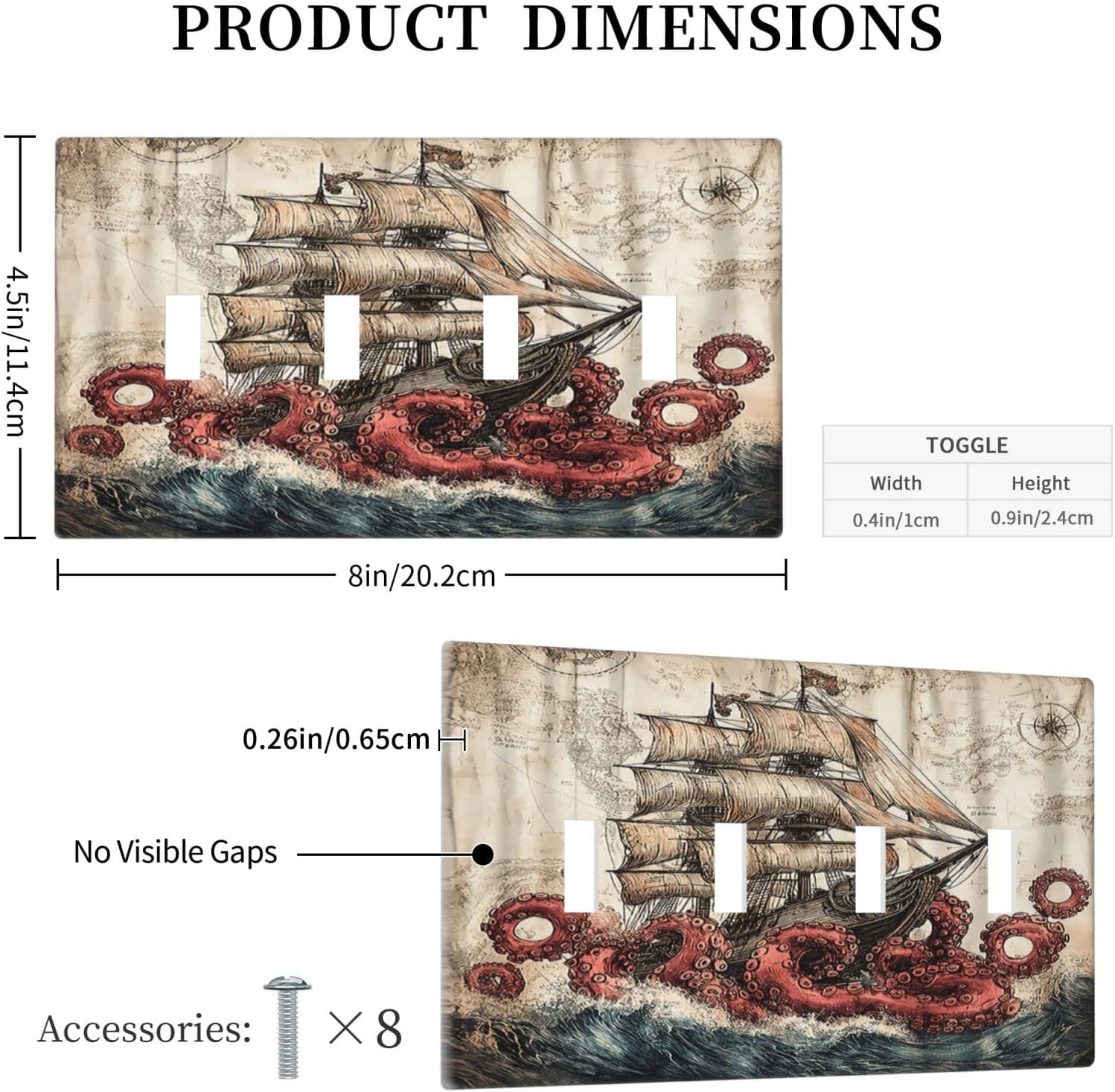 Light Switch Covers Vintage Octopus Ocean Sailboat Bizarre Adventure Quad Toggle 4 Gang Wall Plate Electrical Faceplate Decorative Switch Plates for Bathroom Kids room Decor