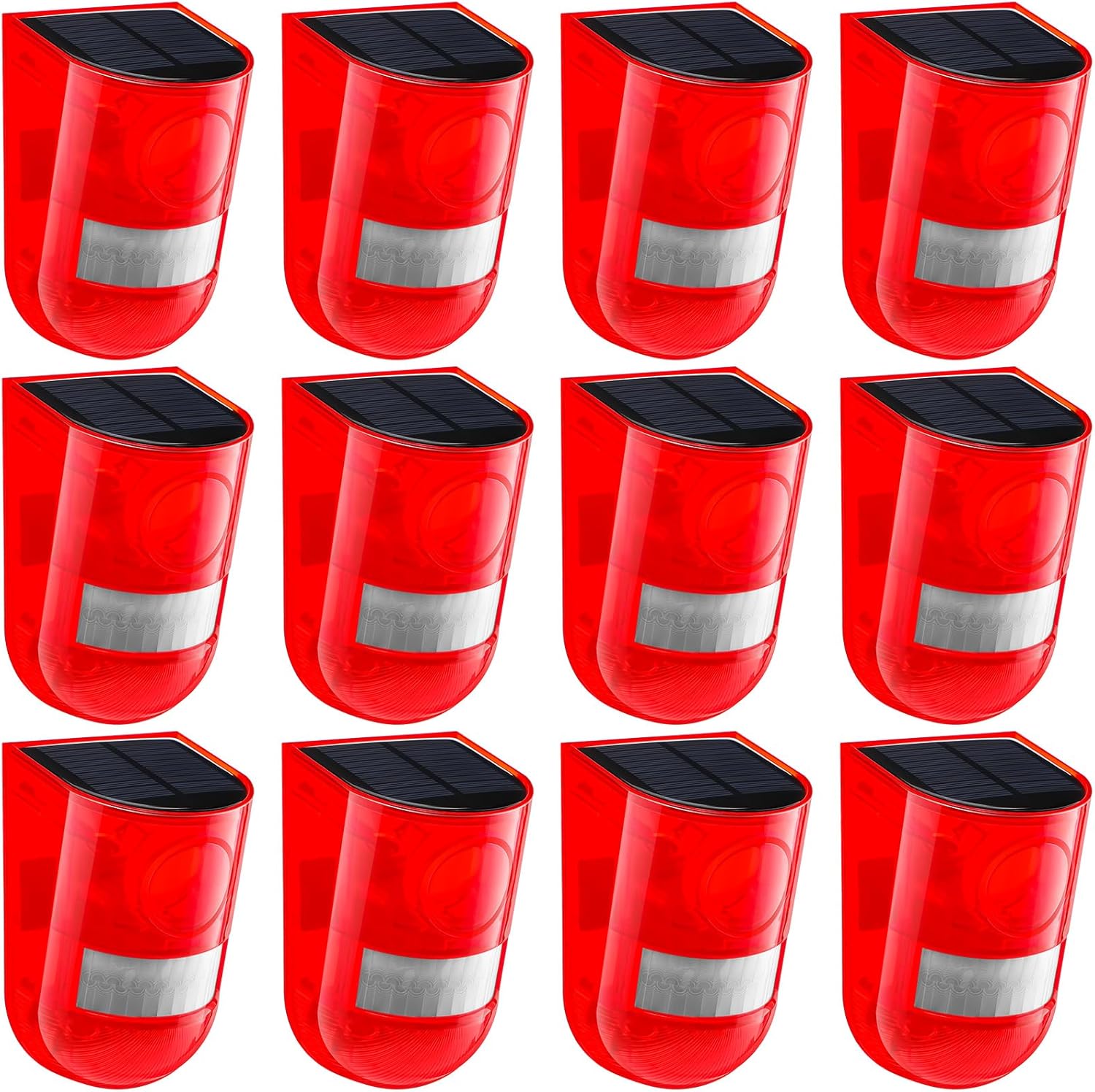 Qualirey 12 Pack Solar Sound and Light Alarm Motion Sensor 129db Outdoor Security Siren Waterproof Motion Activated Detector Alarm 6 LEDs Flash Warning Strobe System for Home, Farm (Red)