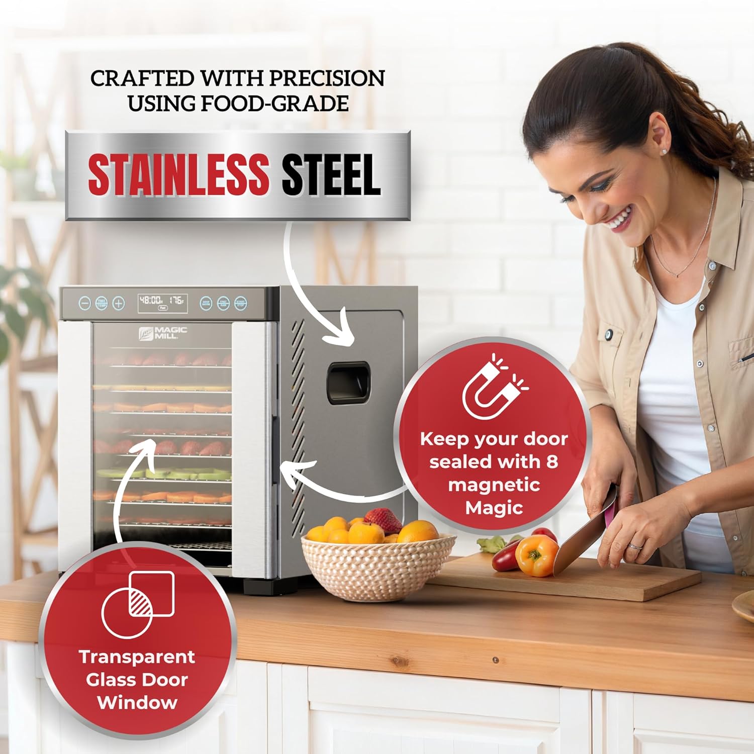 Magic Mill Pro Food Dehydrator Machine | 10 Stainless Steel Trays | Dryer for Jerky, Dog Treats, Herb, Meat, Beef, Fruit | Keep Warm Function, Digital Timer and Temperature Control, ETL Approved