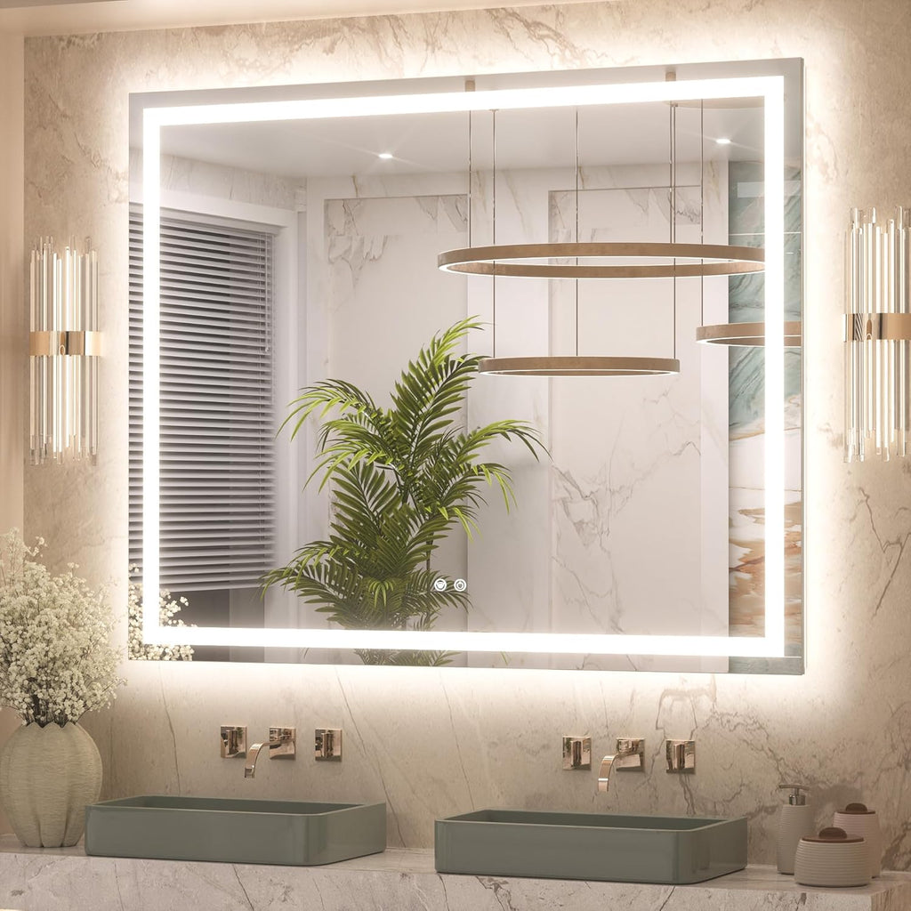 Keonjinn 48 x 40 Inch LED Bathroom Mirror with Lights, Bighter Frontlit & Backlit Vanity Mirror with Stepless Dimmable 3-Color, Anti-Fog Mirror for Wall, HD Tempered Glass, Memory Founction, CR90+