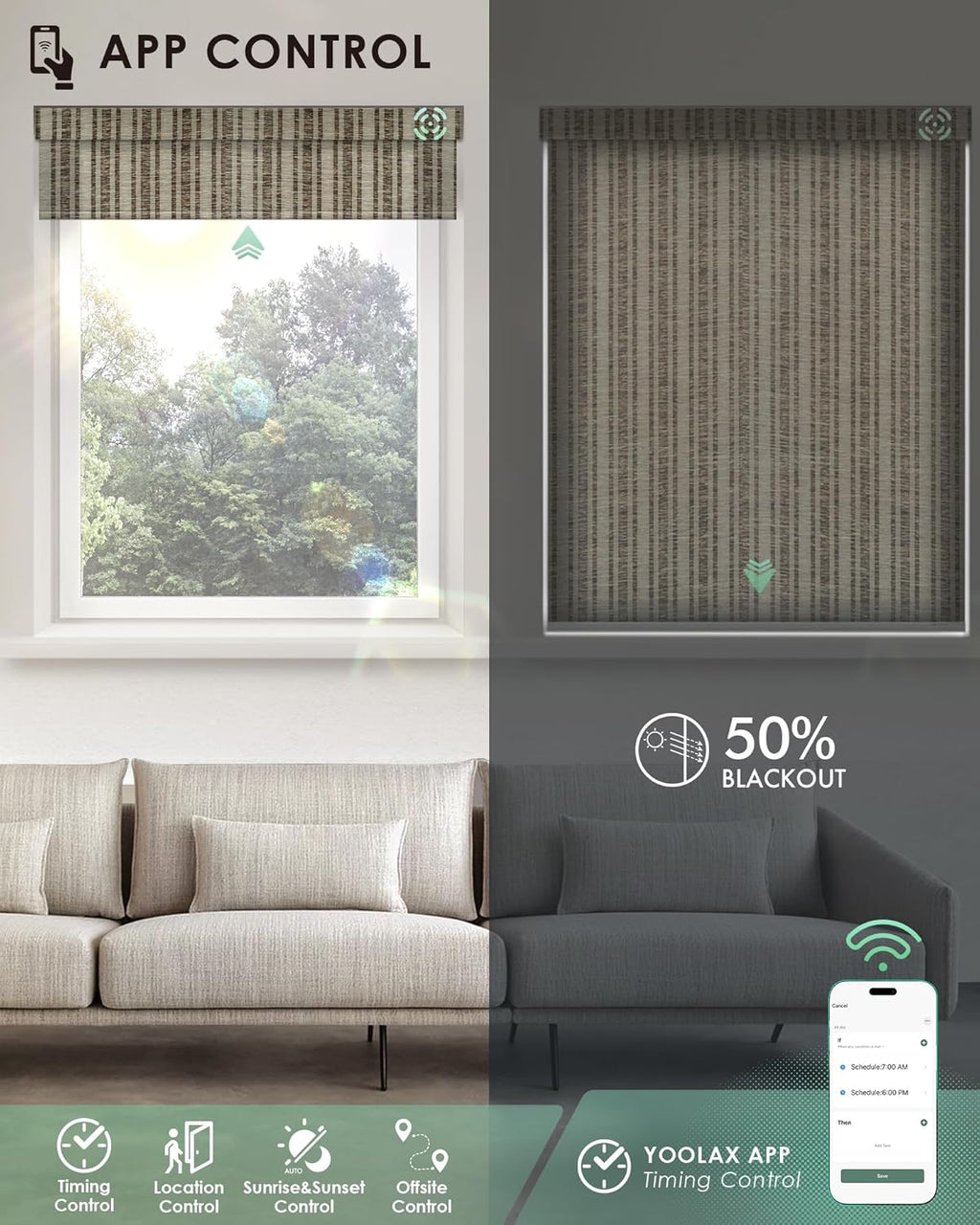 Yoolax Motorized Blinds with Remote, Light Filtering Smart Blinds Compatible with Alexa Google Home, Automatic Shades for Windows Living Room, Custom Size (50% Blackout V-Jungle Brown)