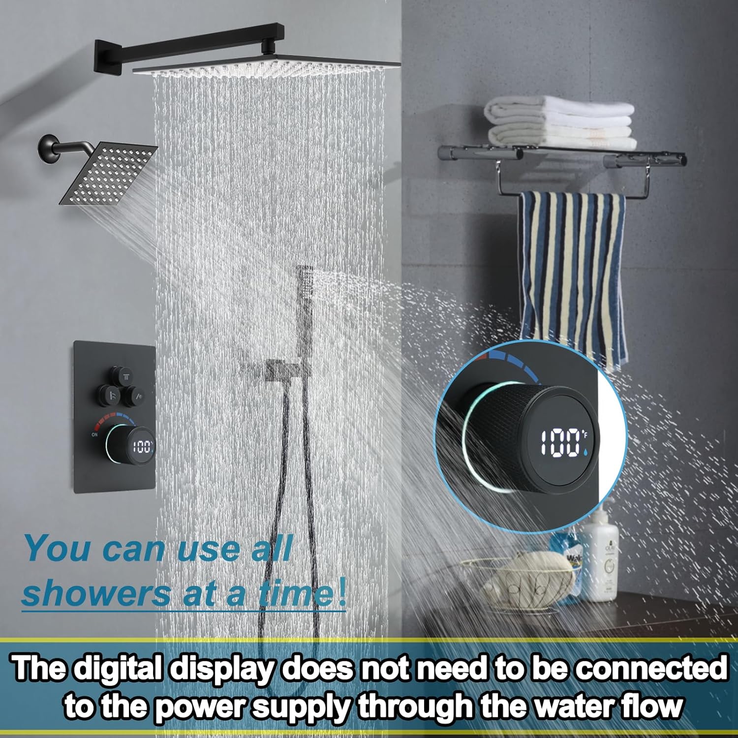 Digital Display Dual Head Shower system Rain Shower System Shower Wall Mount 10 Inch Ceiling Shower Head with 6 Inch Shower Head with shower handheld(Matte Black)