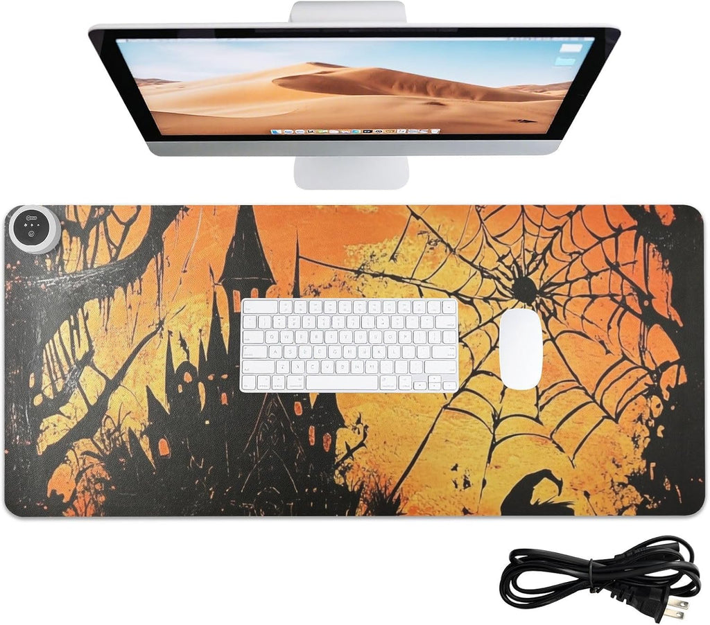 Heated Desk Pad Mouse Pad 31.5x13 Inch PU Leather Desk Mat with 3 Heat Levels Large Mouse Gaming Computer Laptop Mat Orange Witch Castle Halloween
