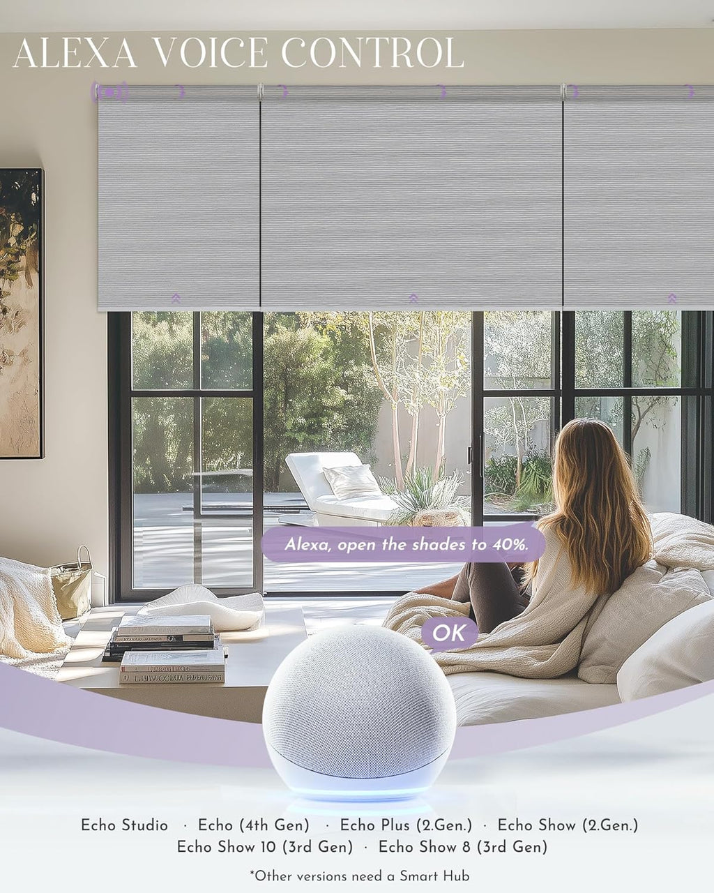 Graywind Smart Coupled Roller Shades Compatible with Alexa Google Custom Size Extra Large Motorized Blinds for Windows(Striped Light Grey)