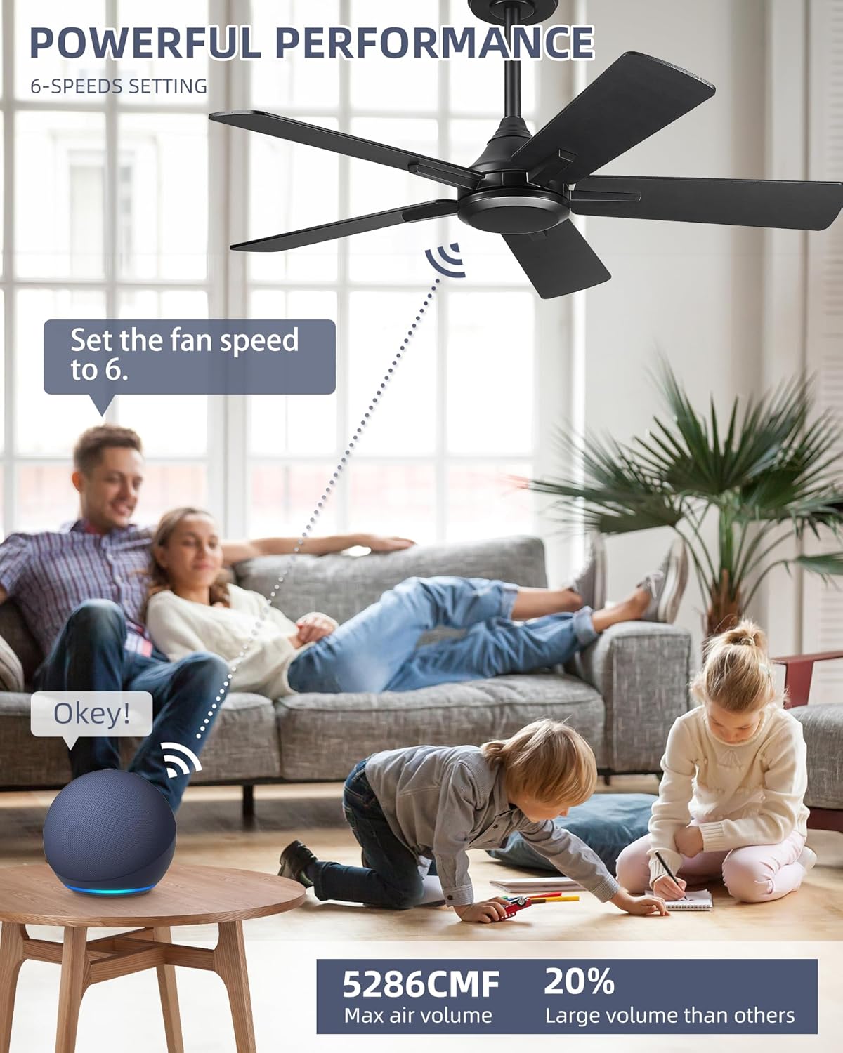 YOUKAIN Ceiling Fan No Light, 42 Inch Black Modern Ceiling Fans, Smart Ceiling Fan Works with Voice Control & Remote Control, Reversible Blades, Outdoor Ceiling Fans for Living room, 42-YJ812-BK-NL