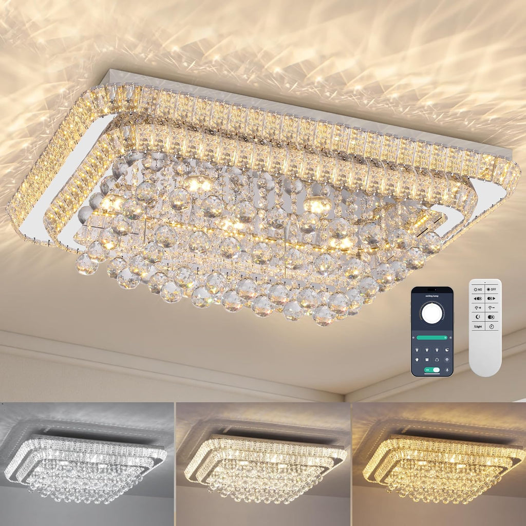 COCOSTAR 32 inch Crystal Flush Mount Chandelier Remote/APP, Modern Raindrop LED Ceiling Light, 3CCT Dimmable & Brightness Adjustable,Elegant Chandeliers for Bedroom Hallway Dinning Room Living Room