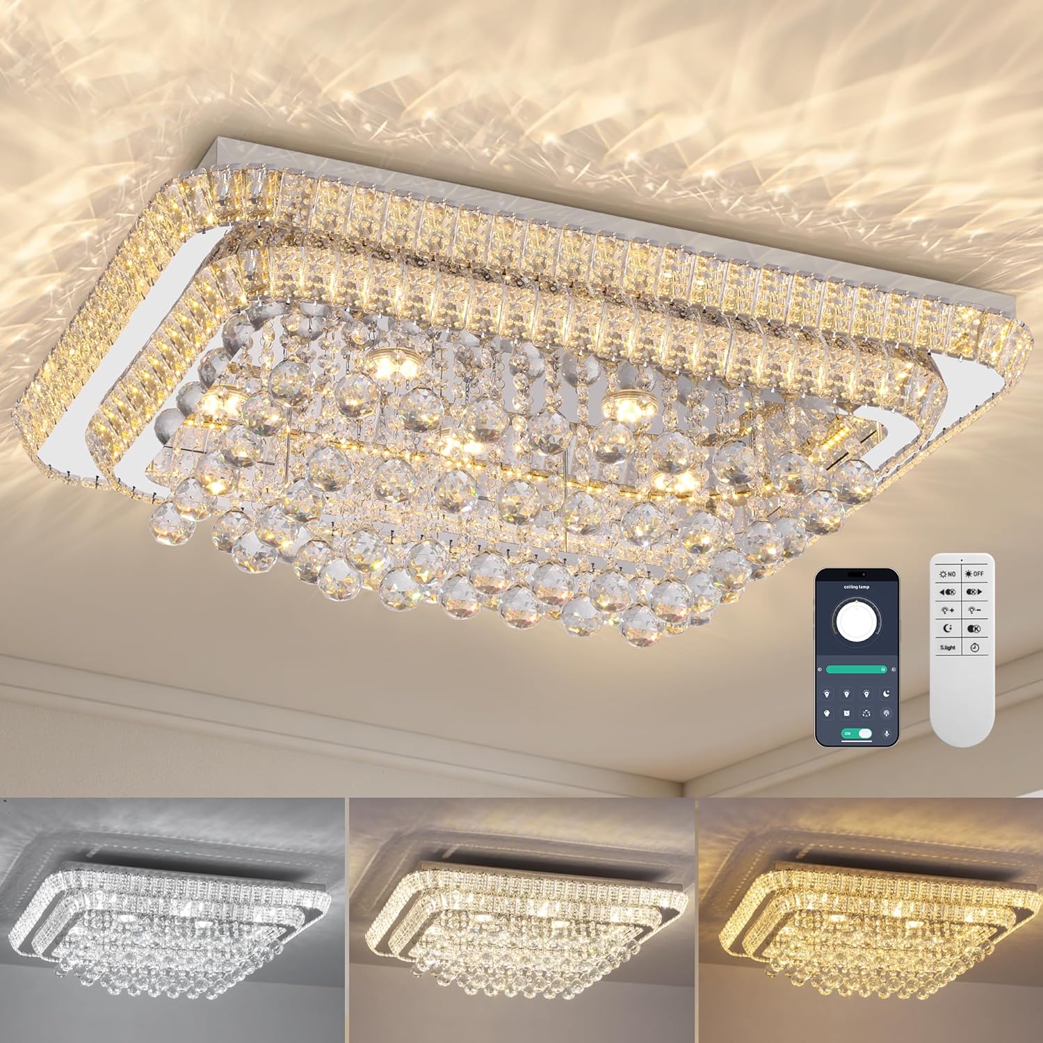 COCOSTAR 32 inch Crystal Flush Mount Chandelier Remote/APP, Modern Raindrop LED Ceiling Light, 3CCT Dimmable & Brightness Adjustable,Elegant Chandeliers for Bedroom Hallway Dinning Room Living Room