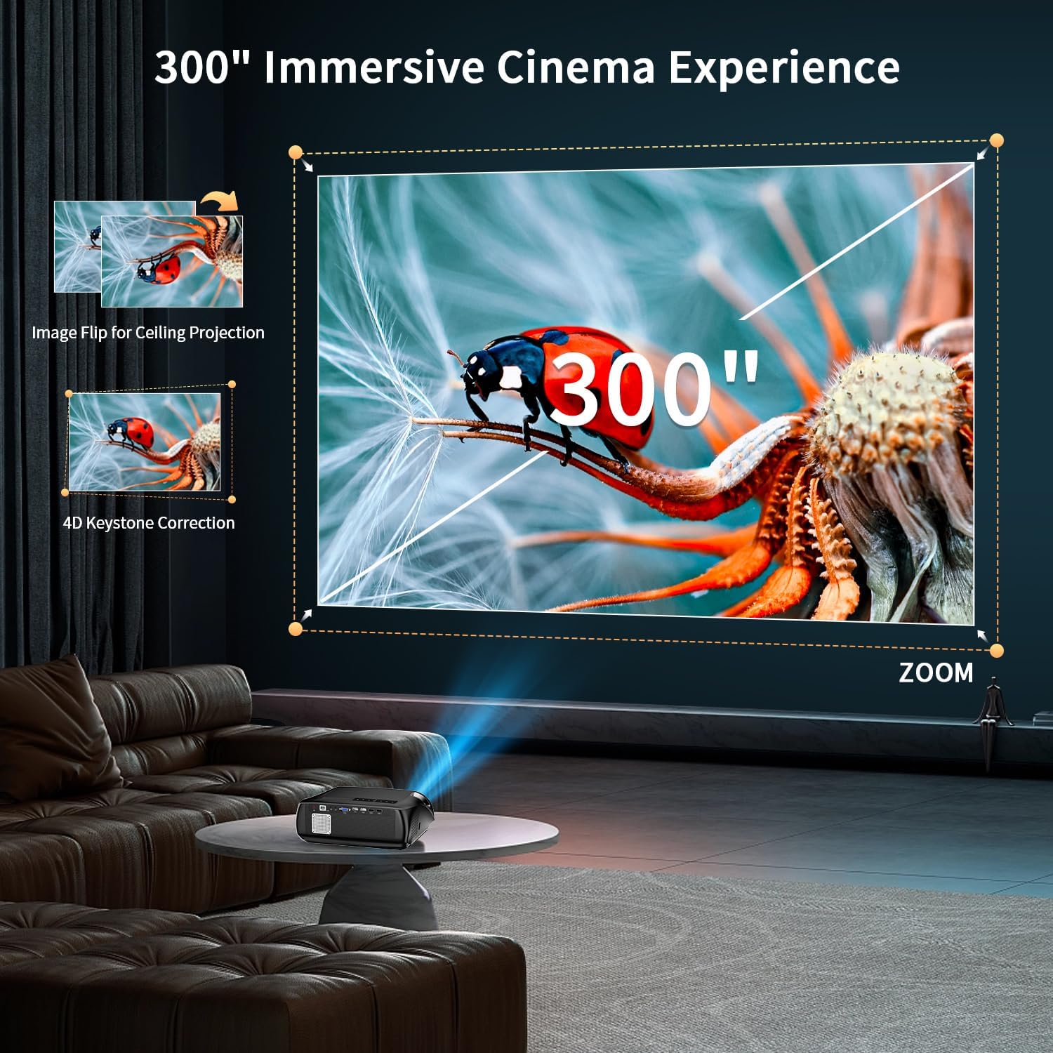 2025 Smart 4K Projector for Daylight Viewing |1800ANSI Lumens, Android TV & WiFi 6 | 300" Home Theater & Outdoor Movie, DSP Audio & Bluetooth 5.2, HDMI , USB, Focus & Keystone, Rear Ceiling Mounted