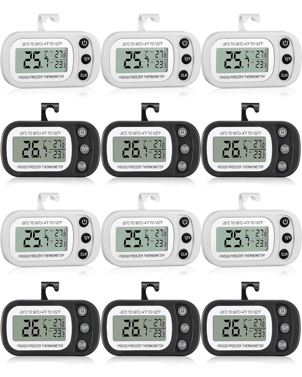Frienda 12 Pack Black and White Digital Fridge Thermometer Waterproof Refrigerator and Freezer Room Max/min Record Function LCD Screen Refrigerator Thermometer with Hook and Magnetic Back for Home