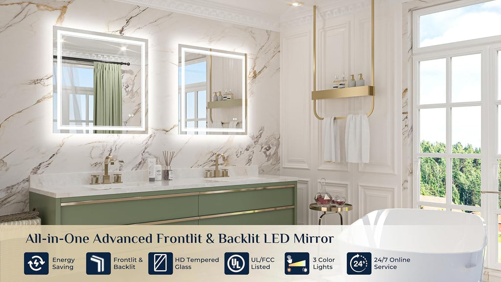 Keonjinn 30" x 32" Bathroom LED Mirror, Front & Back Lighted Mirror for Bathroom Wall, HD Tempered Glass, Safe Anit-Fog, 3000K/4500K/6500K, Dimmable, Frameless LED Wall Mirror with Lights
