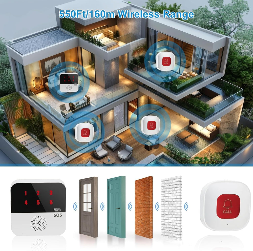 Life Alert Systems for Seniors No Monthly Fee, App-Controlled Pager, Medical Alert Systems for Seniors LED Number Display 2Call Button 1Receiver(Only Supports 2.4GHz Wi-Fi) (Neck Remote Control)