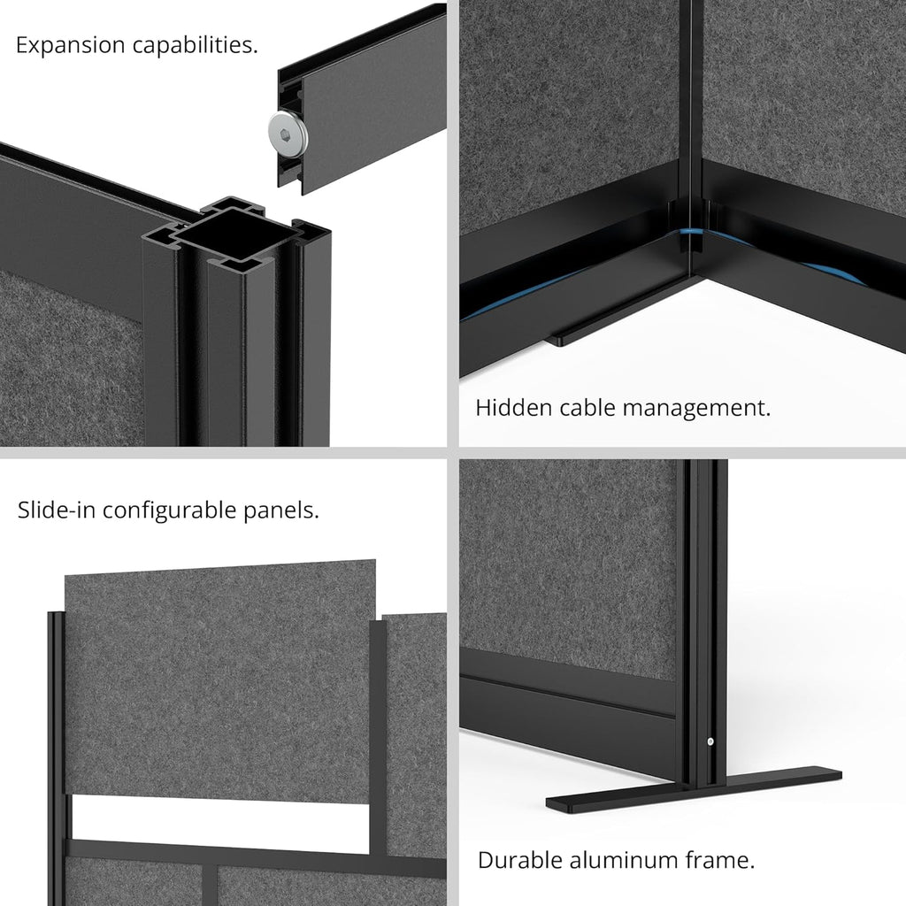 Stand Up Desk Store Expanse Modular Wall | 53'' x 48'' Wall | Expandable Partition Room Divider with Rearrangeable Frosted Acrylic & Sound Absorbent Panels (Black Frame)
