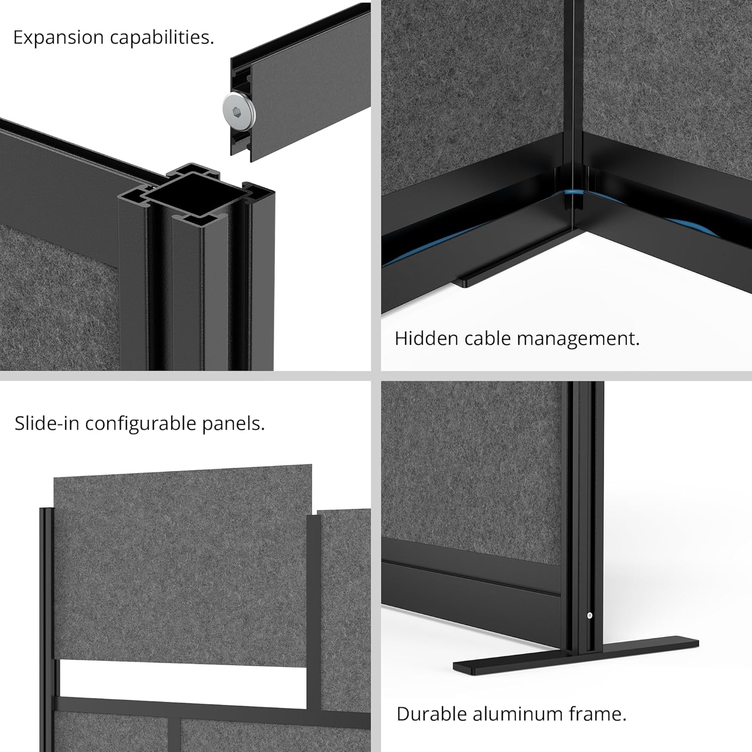 Stand Up Desk Store Expanse Modular Wall | 53'' x 48'' Wall | Expandable Partition Room Divider with Rearrangeable Frosted Acrylic & Sound Absorbent Panels (Black Frame)