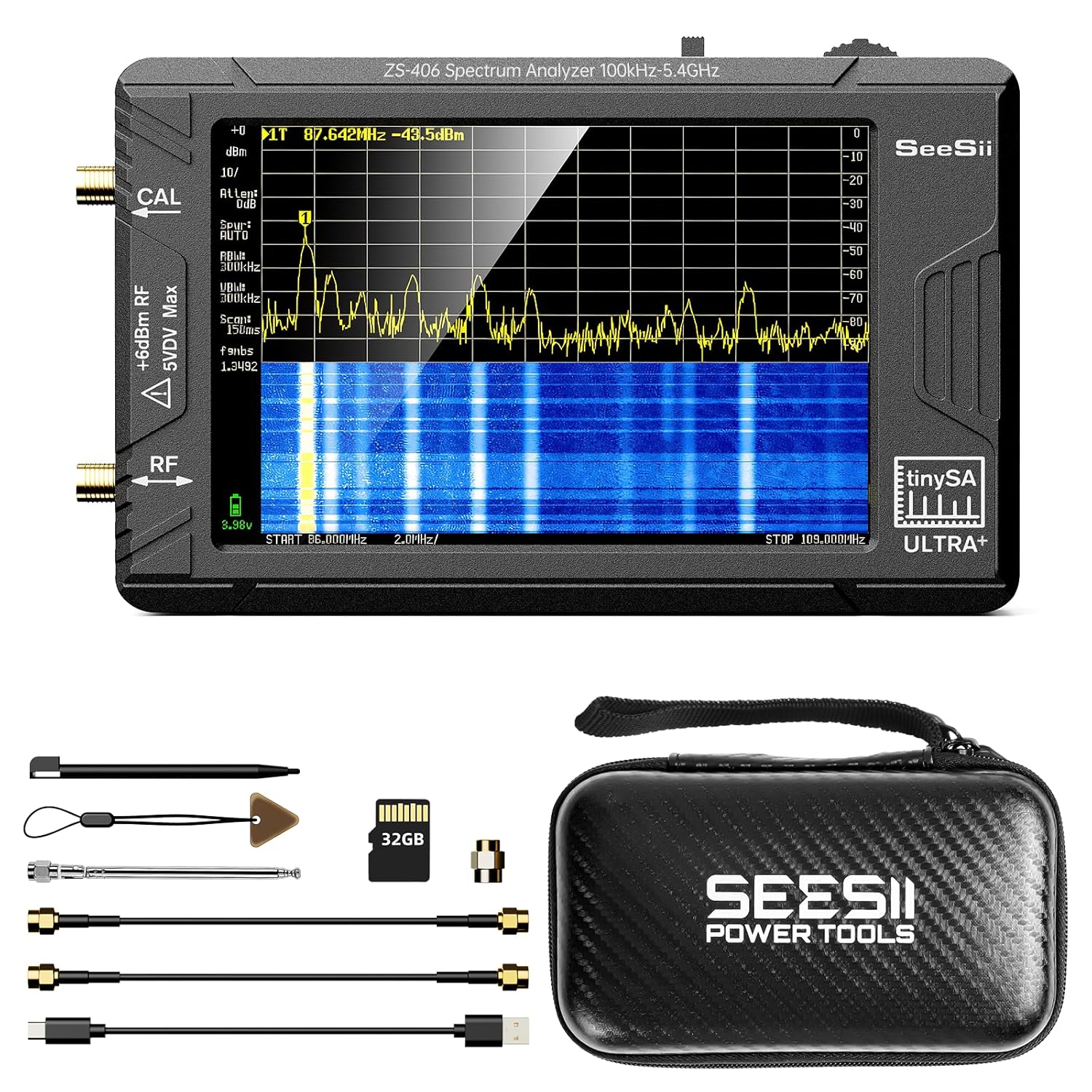 SEESII TinySA Ultra+ ZS406 5.4GHz Spectrum Analyzer with Hard Case: 4 inch Portable RF Test Kit with EVA Waterproof Shockproof Protective Shell for Ham Radio, Field Testing, V0.4.6.1