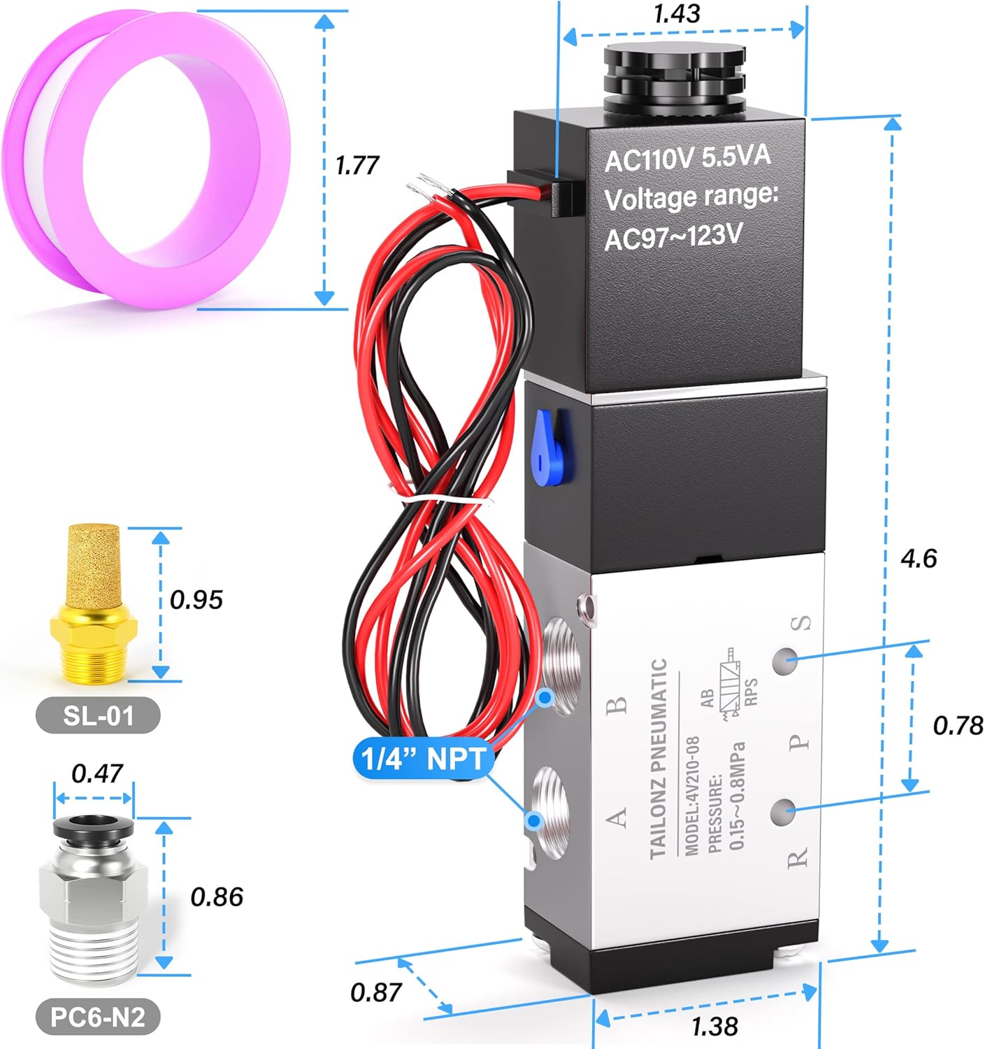 TAILONZ PNEUMATIC 1/4"NPT Solenoid Valve AC110V Single Coil Pilot-Operated Electric 2 Position 5 Way Connection Type 4V210-08 Outlet wire