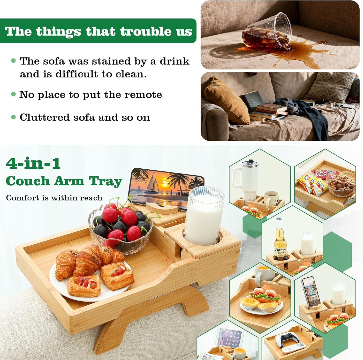 Bamboo Couch Cup Holder, 4 in 1 Couch Arm Trays with 360°Rotated Phone Holder, Non-Slip Clip on Side Table for Drinks/Remote/Snacks, Ideal Gift for Husband, Wife, Parents