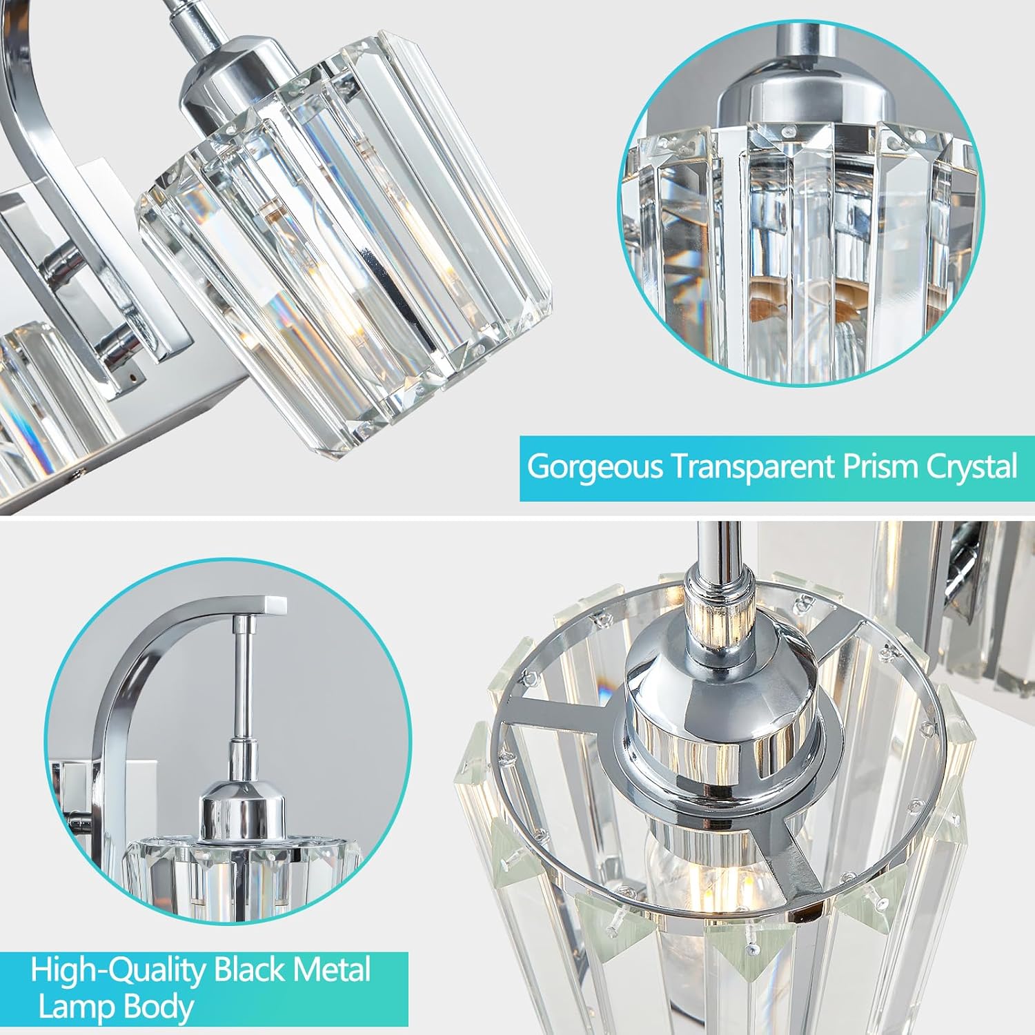 Modern Bathroom Vanity Light, 3-Light Chrome Wall Sconce with Crystal Accents, Over Mirror Bathroom Lighting Fixture, 23.62" Long Dimmable Vanity Lamp for Makeup, Easy Installation
