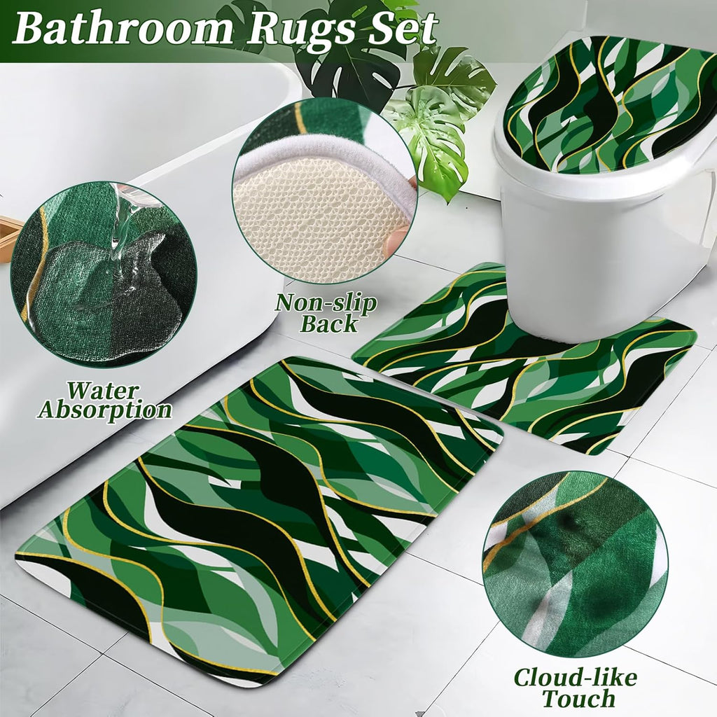 Bathroom Set - Green and Gold Bathroom Accessories, Bathroom Sets with Shower Curtain and Rugs, Green Shower Curtain Set with Bathroom Trash Can, Soap Dispenser, Soap Dish for Home Decor