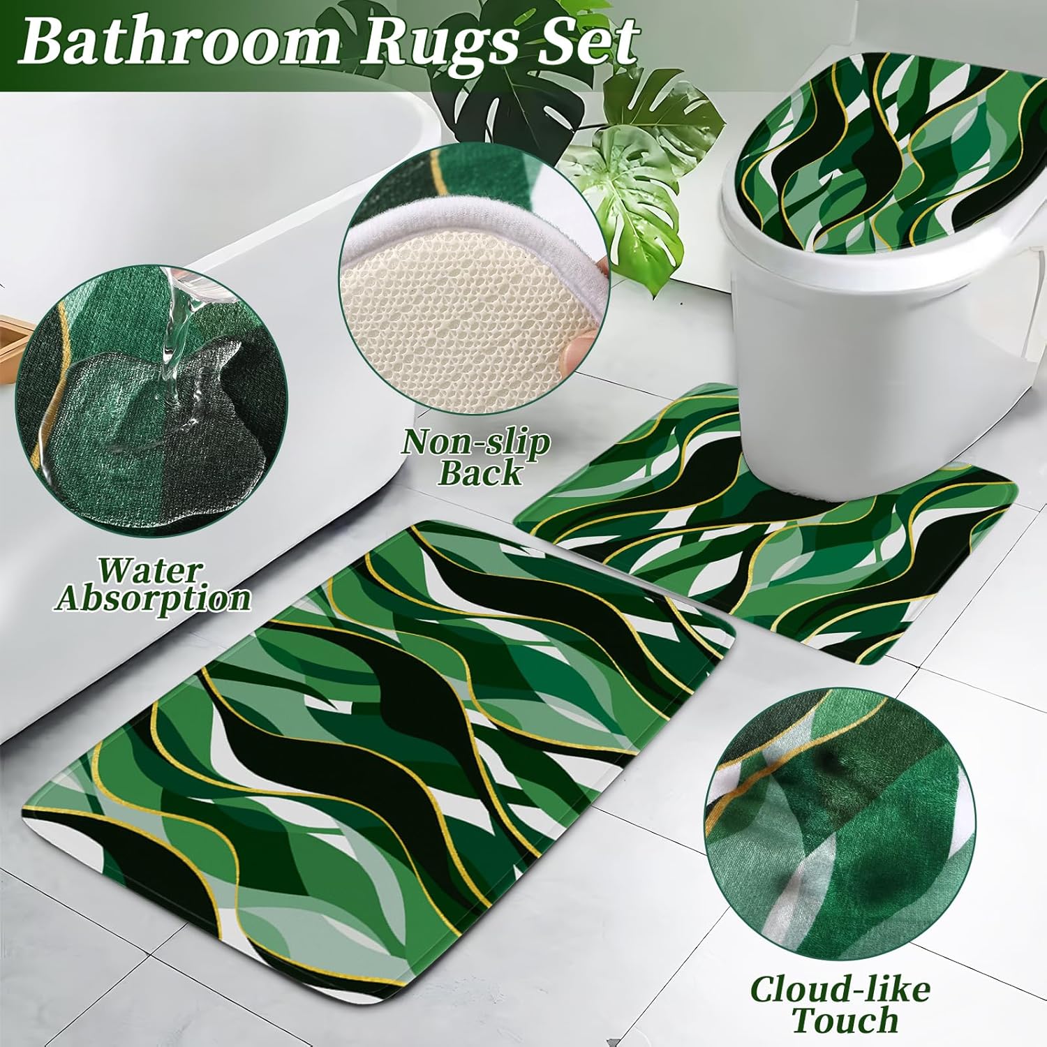 Bathroom Set - Green and Gold Bathroom Accessories, Bathroom Sets with Shower Curtain and Rugs, Green Shower Curtain Set with Bathroom Trash Can, Soap Dispenser, Soap Dish for Home Decor