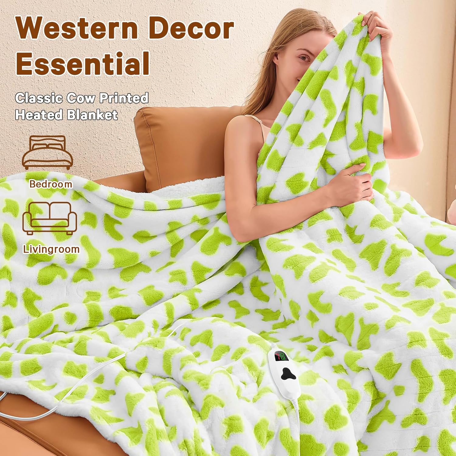 Green Cow Heated Electric Blanket Throw, 50X60 Heating Blanket with 10 Heats Levels & 8 Hours Auto Off, Cute Christmas Yoga Gifts for Women Teen Girls Mom Pets, Home Decor for Living Room Bedroom