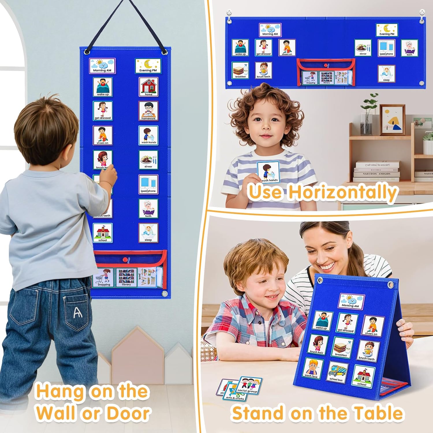 Visual Schedule for Kids with Autism Chore Chart for Kids Daily Routine Chart Autism Learning Materials Toddler Planning Board Visual Schedule for Classroom, Home with 124 Cards (DarkBlue)