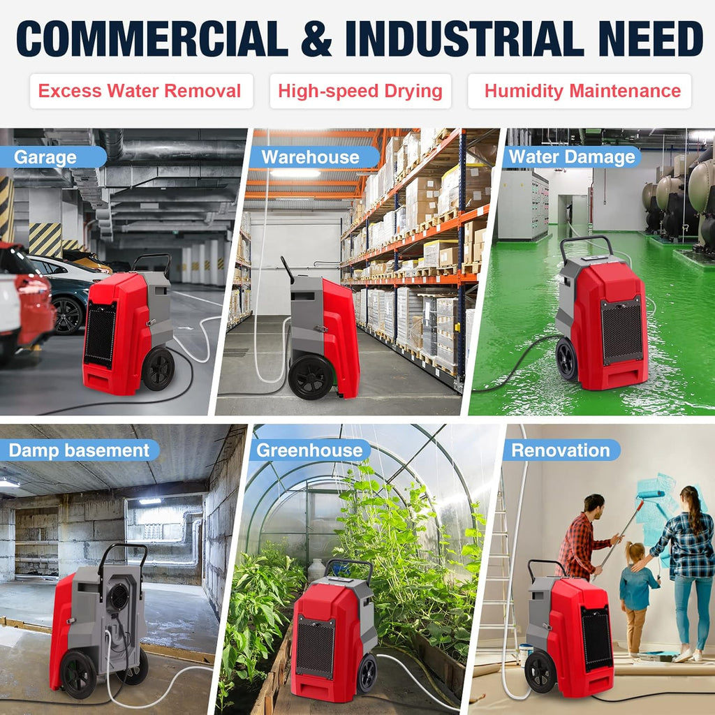 MOUNTO 180Pints LGR Industrial Dehumidifier with Pump and Drain Hose, Portable Commercial Dehumidifier with Wheels for Home, Basements, Garages, and Job Sites (Red)