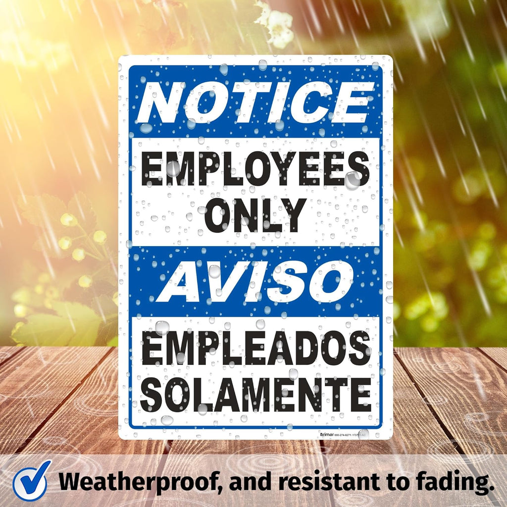 Brimar - 10" x 14" - Bilingual Notice Employees Only Sign - 3.5 Mil InfiniStick™ Vinyl Label - High Visibility - Easy Installation