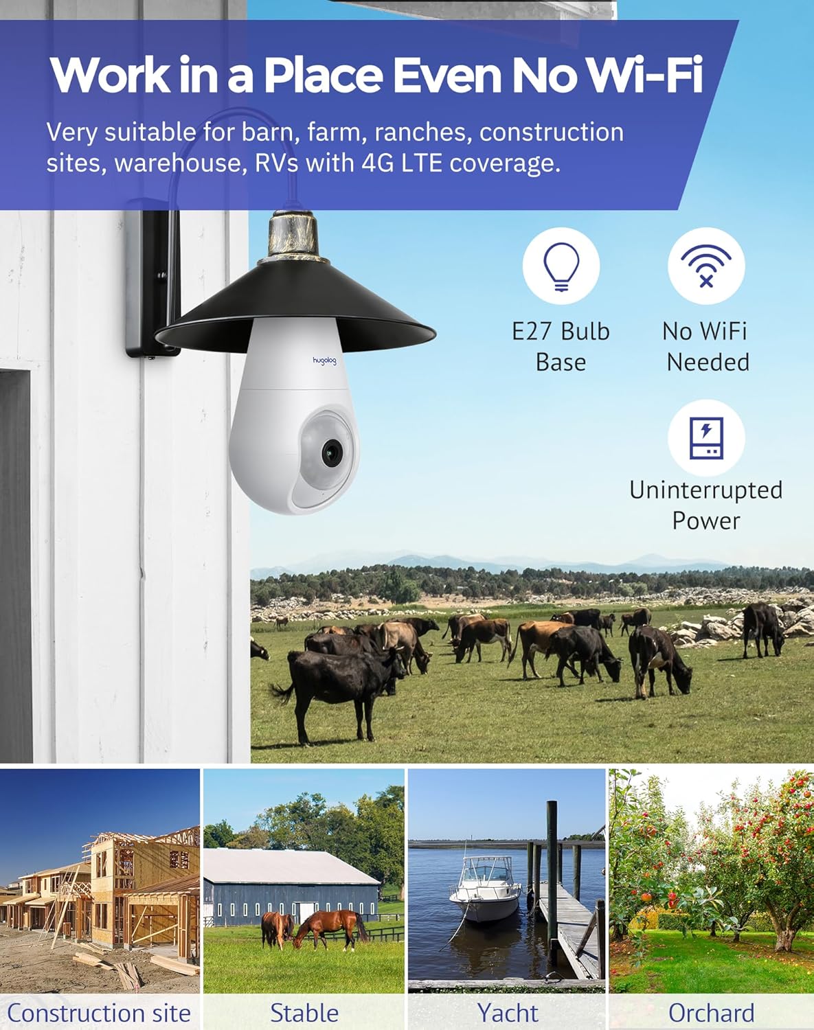 Hugolog 4G LTE Cellular Light Bulb Security Camera,360°2K Security Cameras Wireless Outdoor Indoor 4MP Full Color Day and Night,Motion Detection, Audible Alarm,Easy Installation,Compatible with Alexa